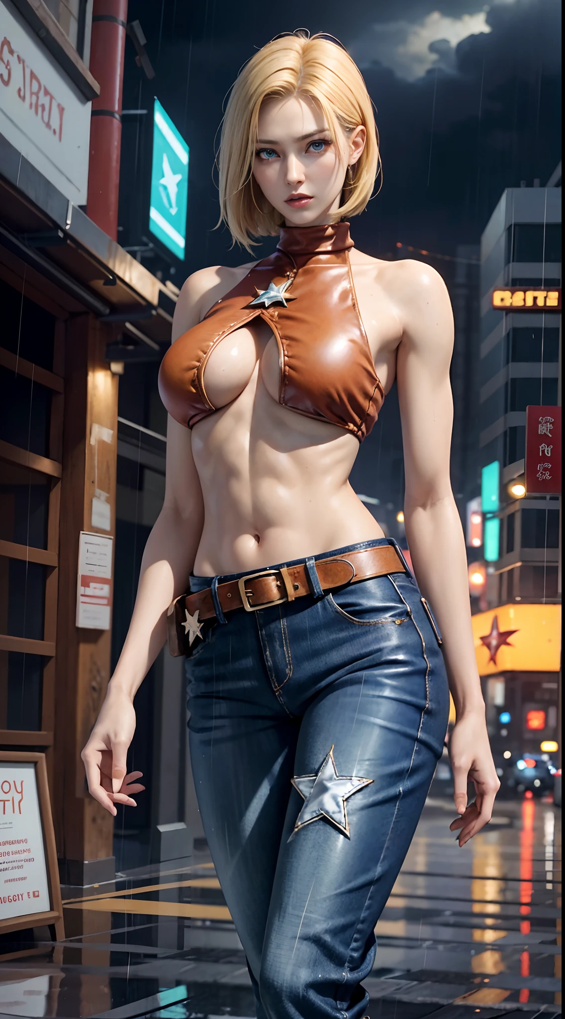maryms, Best Quality,(beauty), 1girl,phisically-based render ,ultra highres,(cowboy shot:1.5),narrow waist, skinny, LeonaMS ,huge boobs,muscular, big blue eyes,long legs,jeans,leather belt,small breasts,puffy eyes, leather belt,(rainy city), shiny skin, facing viewer, Victory posture,