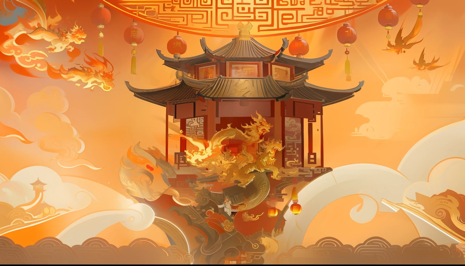 chinese surrealism, floating chinese lampoons, Chinese style,Close-up of pagoda with dragon, dragon flying in the background,((Four-clawed golden dragon)),New Year's flavor,Festive and warm colors,Orange tones,Illustration style