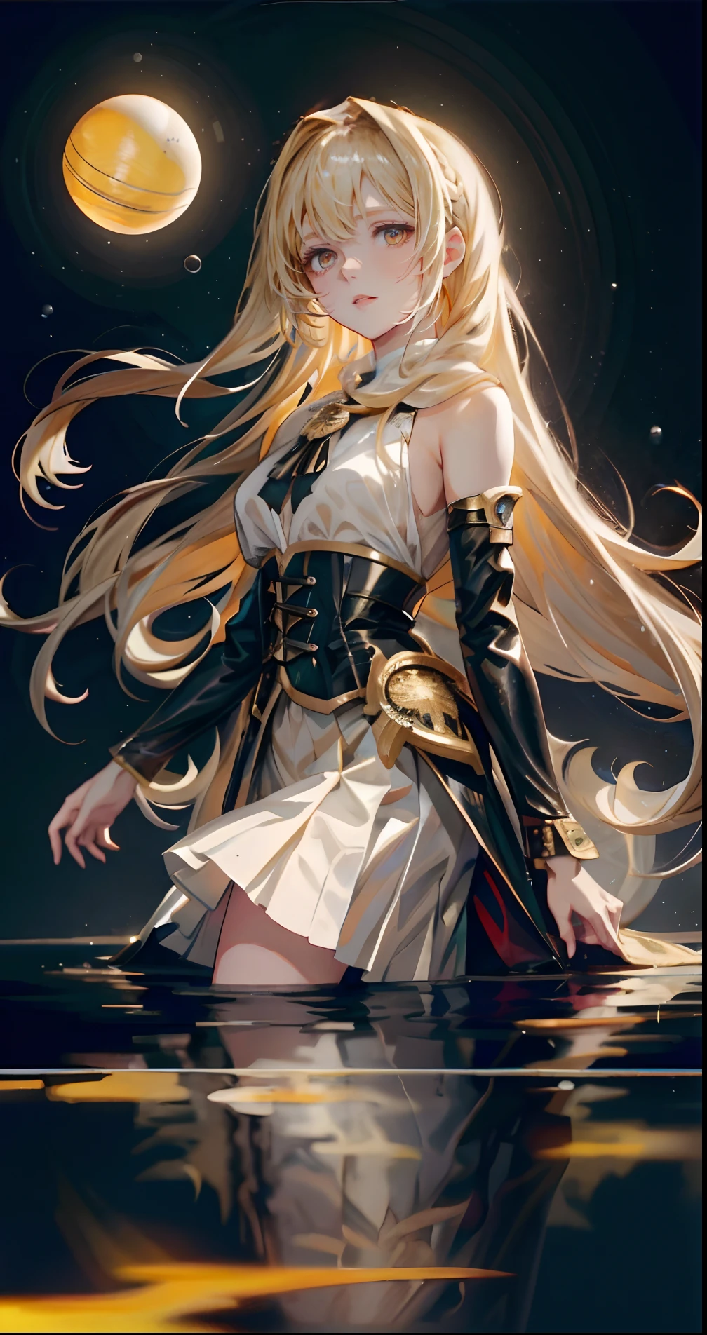 a woman in a white dress and black gloves standing in water, portrait knights of zodiac girl, blonde anime girl with long hair, 8k high quality detailed art, anime style 4 k, anime goddess, anime girl with long hair, knights of zodiac girl, cute anime waifu in a nice dress, detailed digital anime art, trending on artstation pixiv