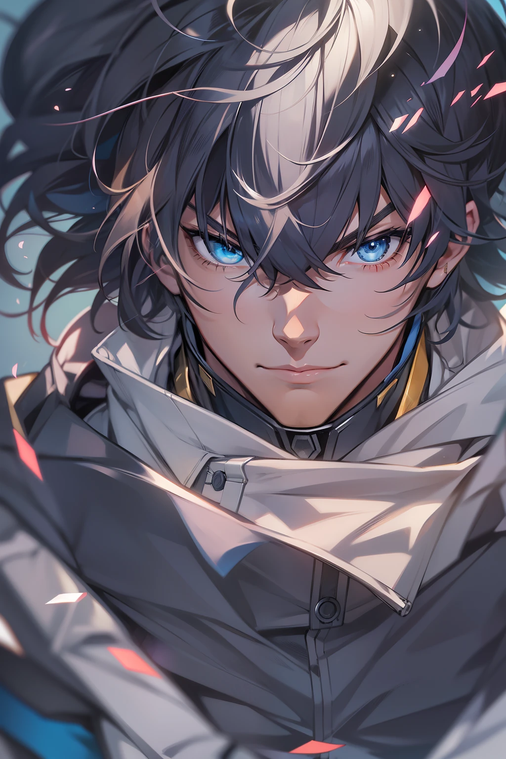 Medium black hair, Blue eyes, cavalier,musculature,Handsome man,tightsuit,Naked upper body,废墟,detailed anime character art, illustratio