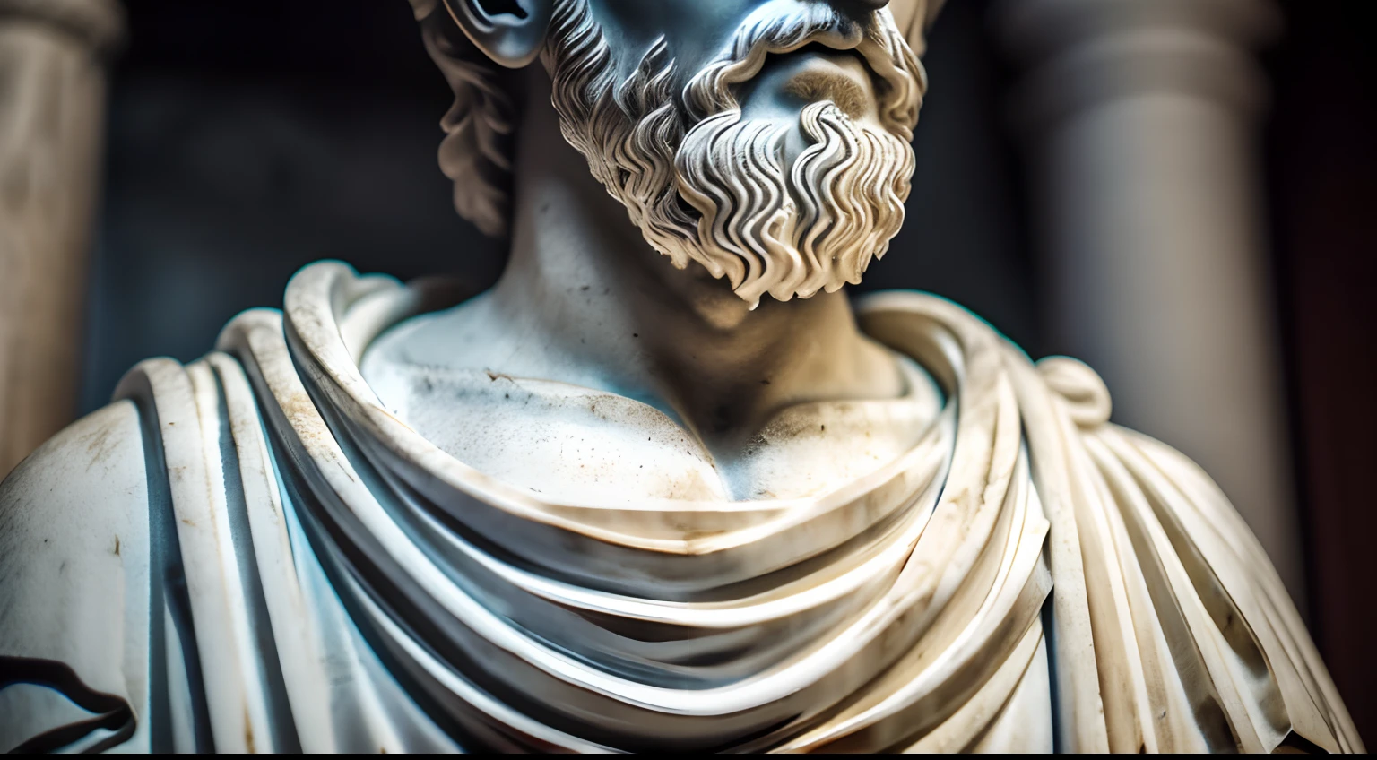A realistic Greek bust white marble statue of Marcus Aurelius wearing a ghostly toga, fundo neutro, Moody, stoic, fotorrealista, cinematographic scene, super detalhado, hyper realistic, luzes brilhantes, 8 mil