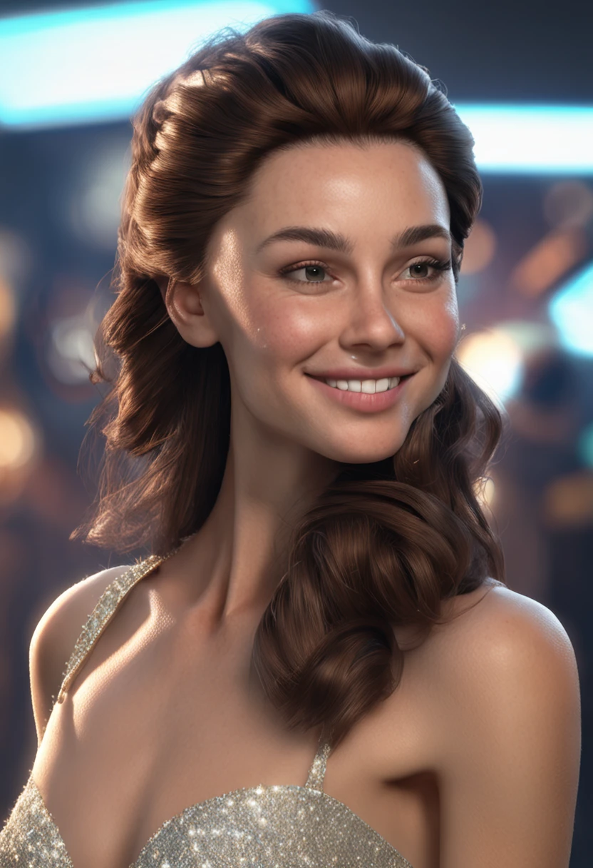 brunette color hair,tiara crown,Moles under eyes,grinning smile,ultra-realistic realism,lightand shade contrast,Cinematic lighting,Color stereoscopic vision,multi-perspective,Lens flare,hyper HD,Textured skin,A high resolution。