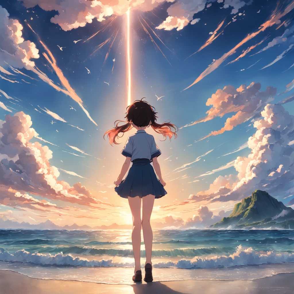 masterpiece、top-quality、Movie stills、1girl in、Girl in Uniform Facing Backwards Cloud Girl、floating in sky、a closeup、发光、Happiness、Warm and soft lighting、the setting sun、(Spark:0.7) 8K anime-style wide shot Beautiful island seen from among the clouds々and sea views Very delicate images High-definition anime style Arms stretched out in parallel Mysterious scenery as if in heaven Many white birds flying around Old A scene from a large-scale movie crossing a suspension bridge like a brown pulley
