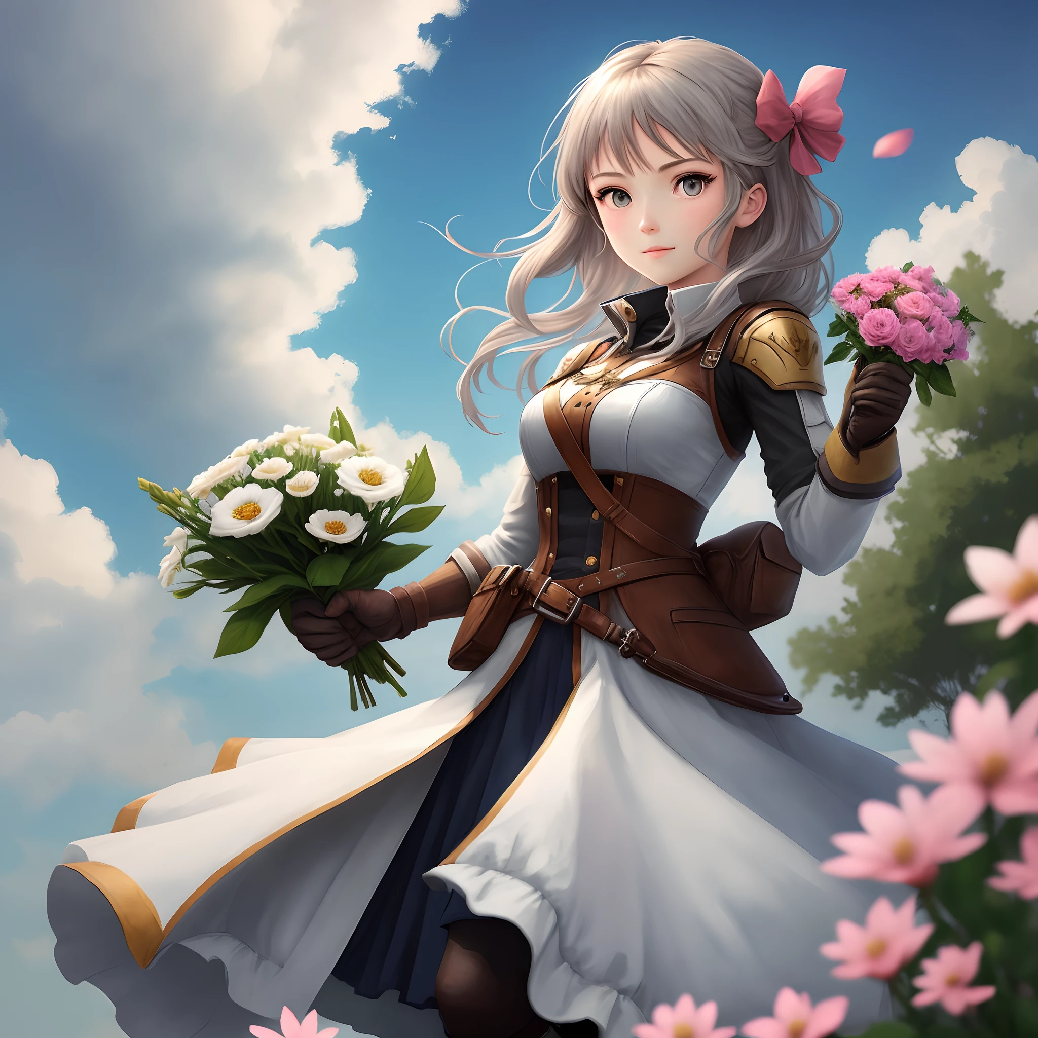 Combat effectiveness is in the sky,Girl holding flowers in her hand