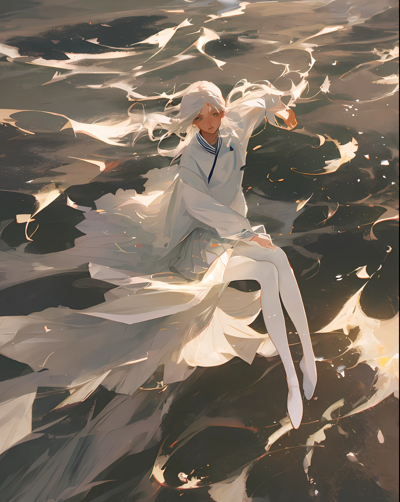 A girl, wearing a white sailor suit, a white pleated skirt and white pantyhose, under the soft light.