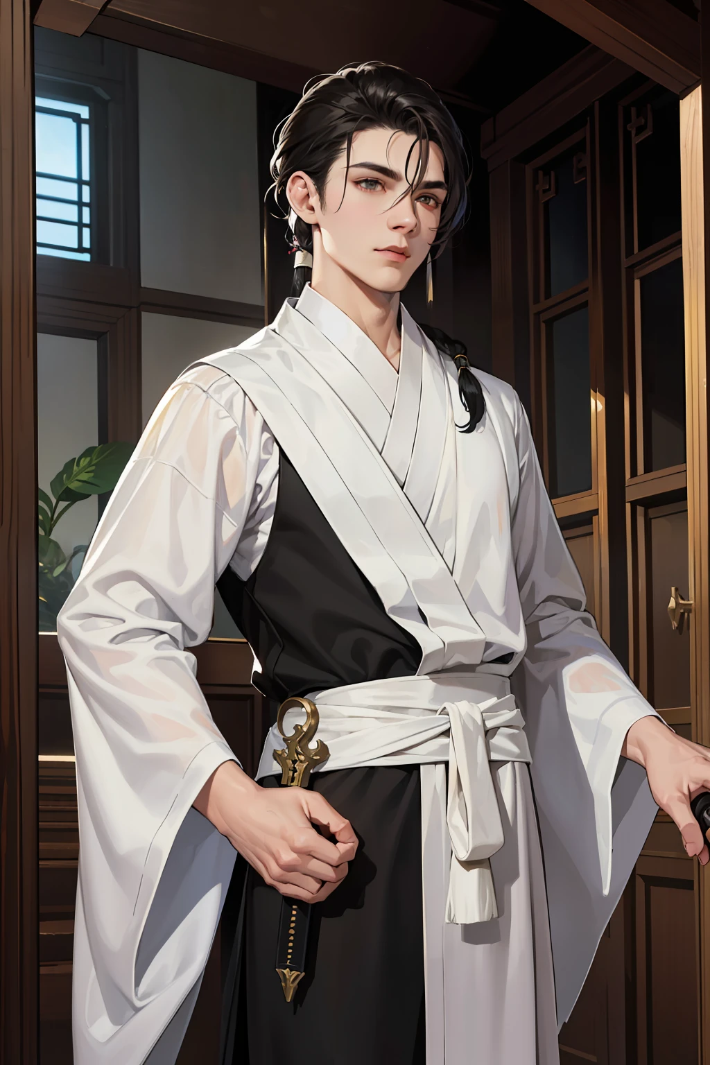Male Antique Young Handsome White Sword Immortal Holding Long and Short Swords Hanging wine jugs around his waist