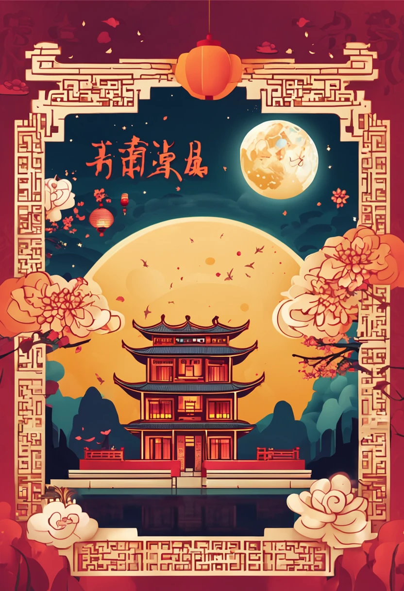 Technique is a commercial illustration，The theme is the Mid-Autumn Festival poster。The background is a scene of the moon and the moon palace，There are lanterns flying outside the moon。The center area of the picture is centered and typeset，The main body is Jade Rabbit making mooncakes。laurel、mont、Eau、Clouds and other details decorated，Auto-adjust mode is adopted。
