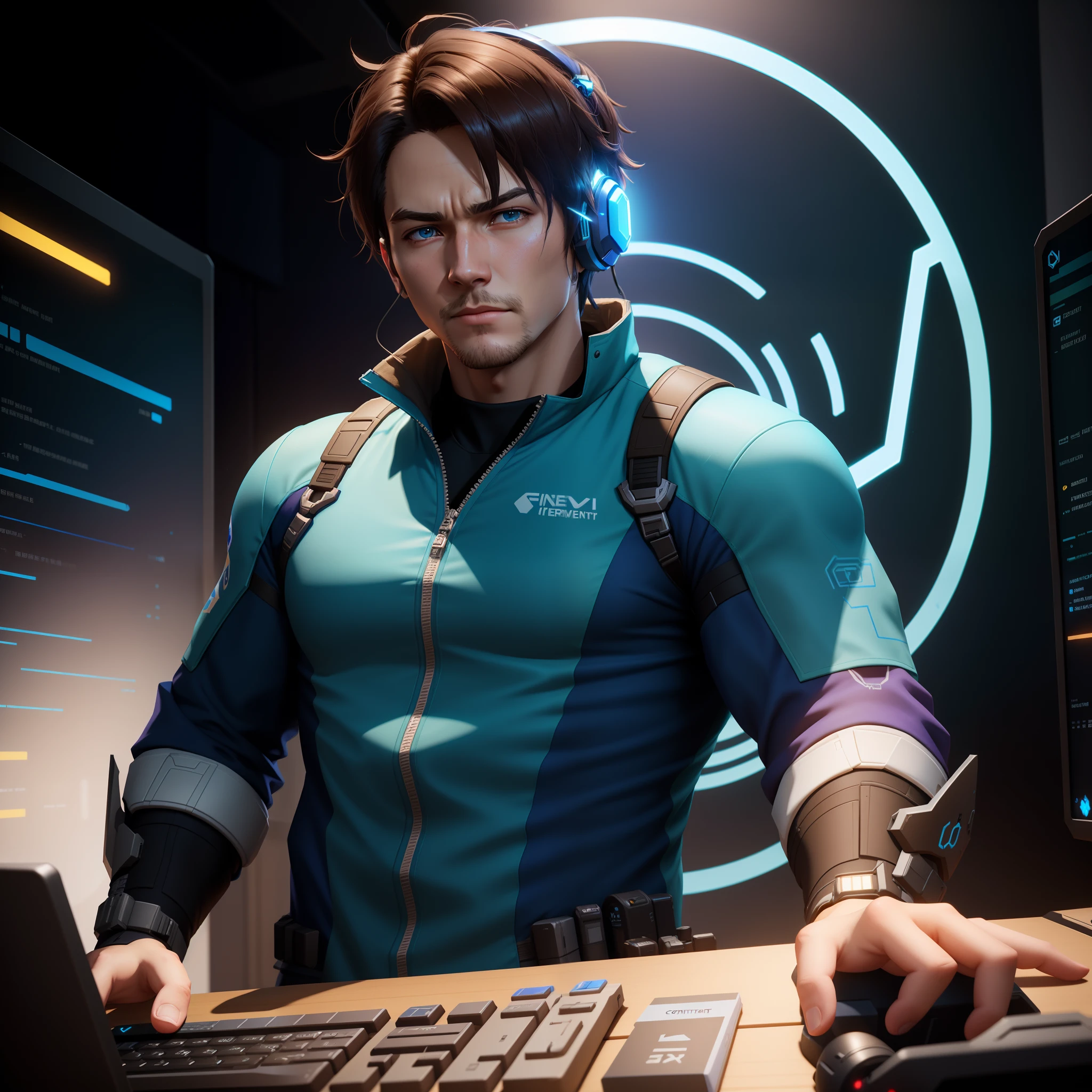 There was a man in a blue shirt standing in front of the computer, Brave character, 《Intrepid Covenant》Jett in , unreal engine character art, 《Intrepid Covenant》game style, 《overwatch》Sigma, character art the contra, Ross Tran 8 K, Makoto Shinkai ( apex legends ), cyber suit, 3 D rendering character art 8 K, cgartists