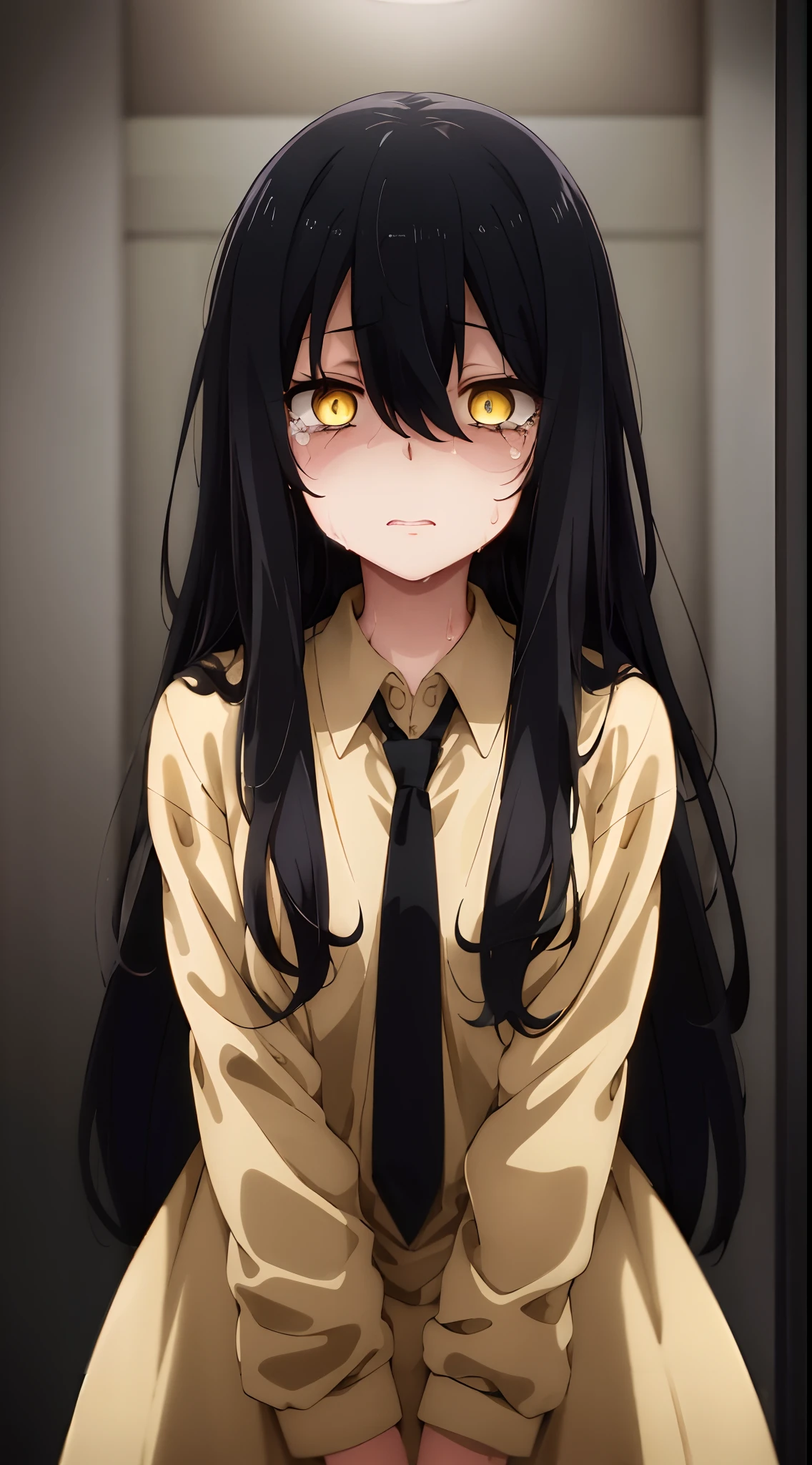 (mieruko:1.3), 1girl, standing, scared, tears, sweat drips, black tie, yellow detailed eyes, long black hair, big eyes, (open mouth:0.1), detailed pupils, horror \(theme\), woman, ((upper body))