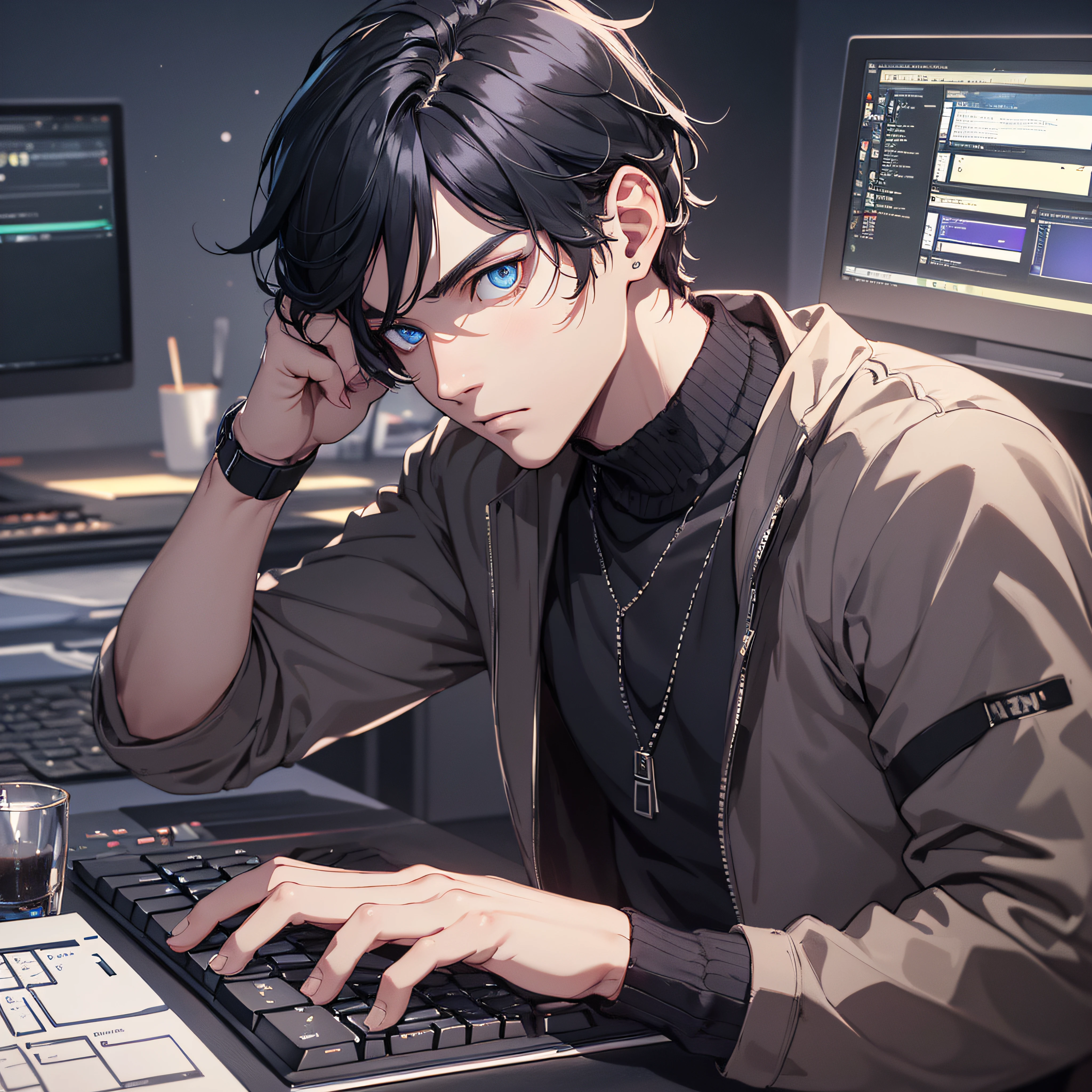 (tmasterpiece, Far plan, amazing quality, A highly detailed, Young guy, black hair, blue eye, shadows under the eyes, Focused gaze, sitting at a table, keyboard, computer, Dark background, twilight), afternoon, typing on keyboard, hacker, ray tracing.