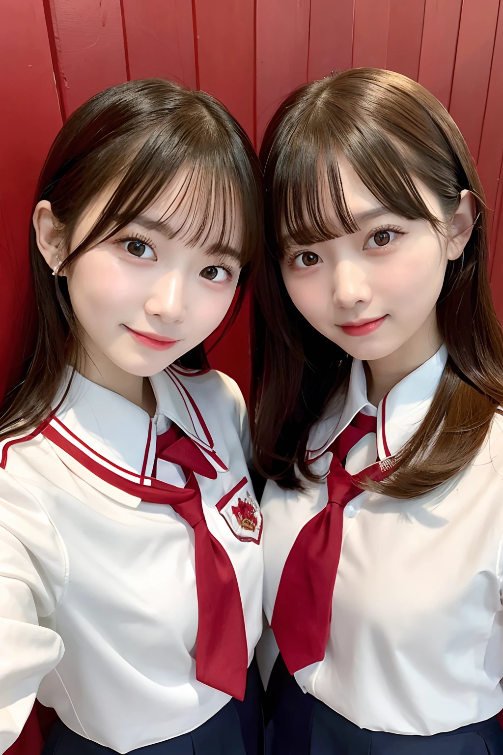 Two women in school uniforms pose for a group photo in front of the red wall, red velvet, inspired by Yanjun Cheng, JK school uniform, jaeyeon nam, wearing white clothes, Two Japanese female students pose for a group photo, with a twin, Show the chest, white red, beautiful gemini twins portrait, in school uniform, seifuku, Official artwork, Red Uniform, White uniform