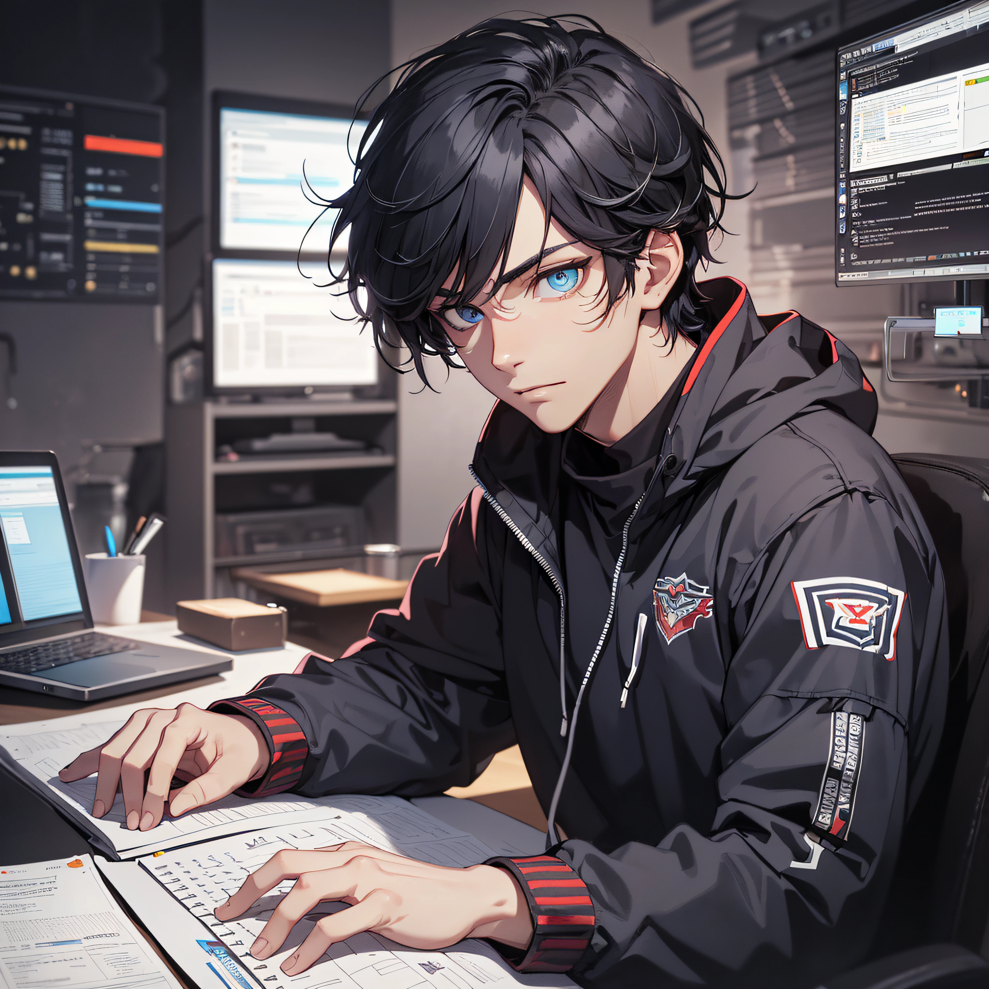 (tmasterpiece, Far plan, amazing quality, A highly detailed, Young guy, black hair, blue eye, shadows under the eyes, Focused gaze, sitting at a table, keyboard, computer, Dark background, twilight), afternoon, typing on keyboard, hacker, ray tracing.