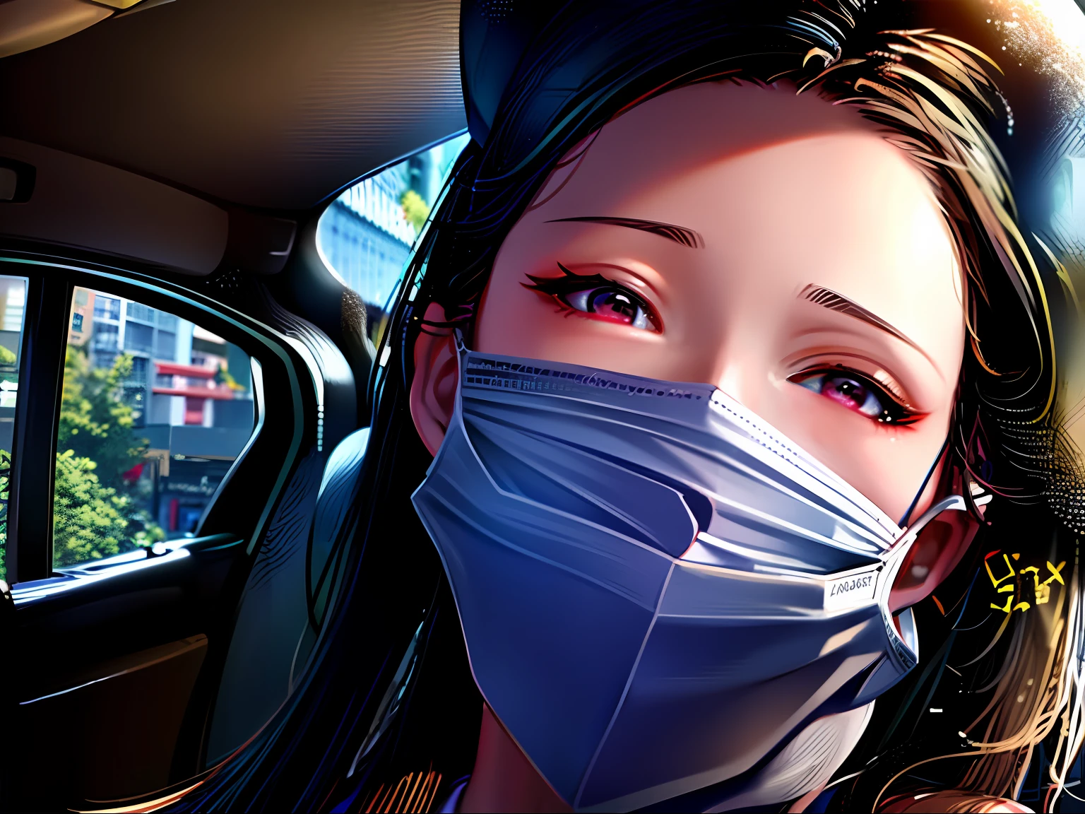 A woman wearing a mask is in the car, surgical mask covering mouth, wan adorable korean face, 8k selfie photograph, bae suzy, shaxi, sakimichan, the mask covers her entire face, wearing face mask, wearing transparent glass mask, xintong chen, Xianxia, young cute wan asian face, Cai Xukun, belle delphine