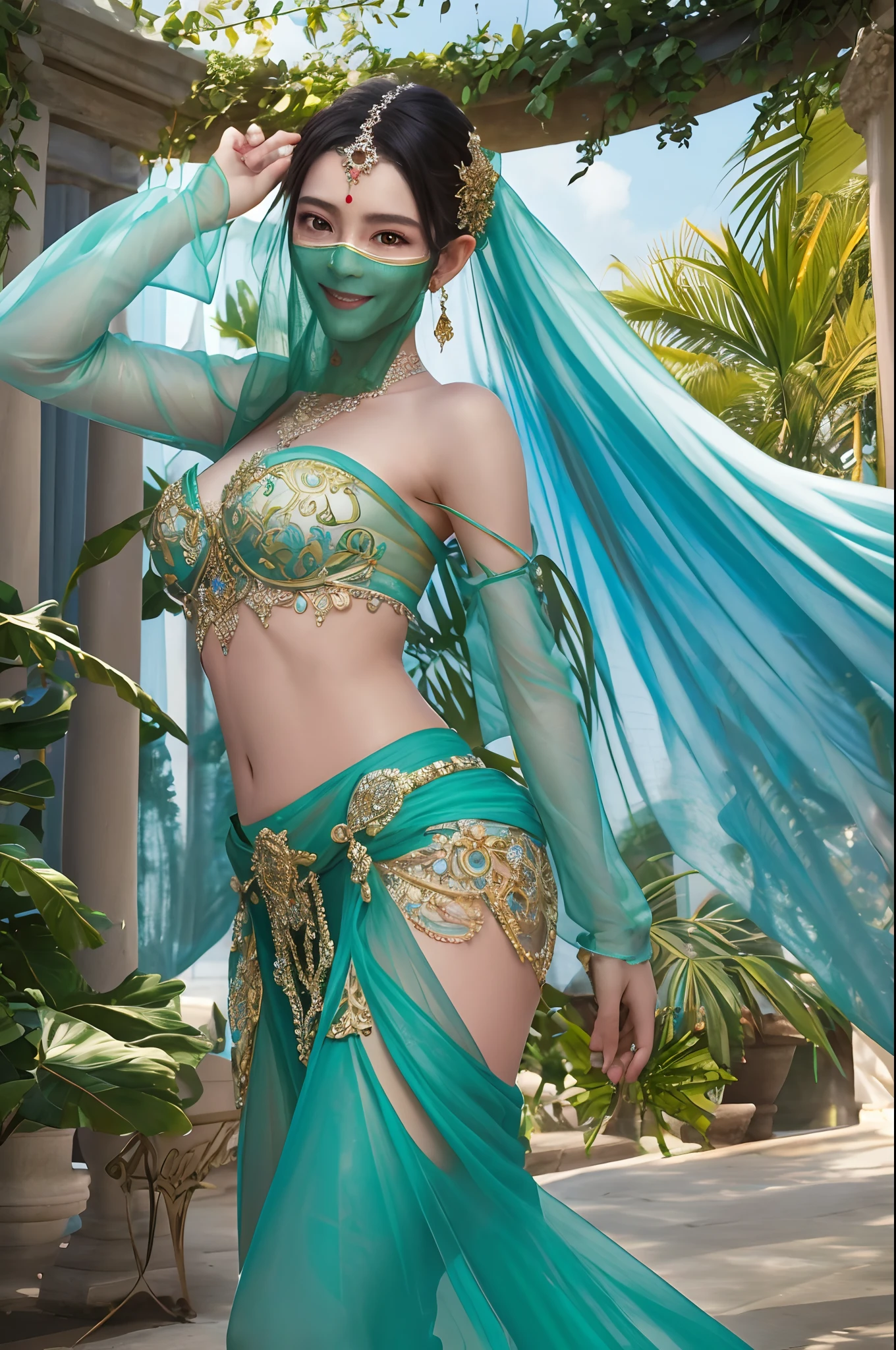 1girl, (face veil,mouth veil:1) ,dancer,masterpiece,bride,bride,(portrait:1.4), high quality, tropical palace ,(masterpiece:1.2),(best quality:1.2),shiny skin,(see-through),realistic,smile ,ornate,intricate,looking at viewer