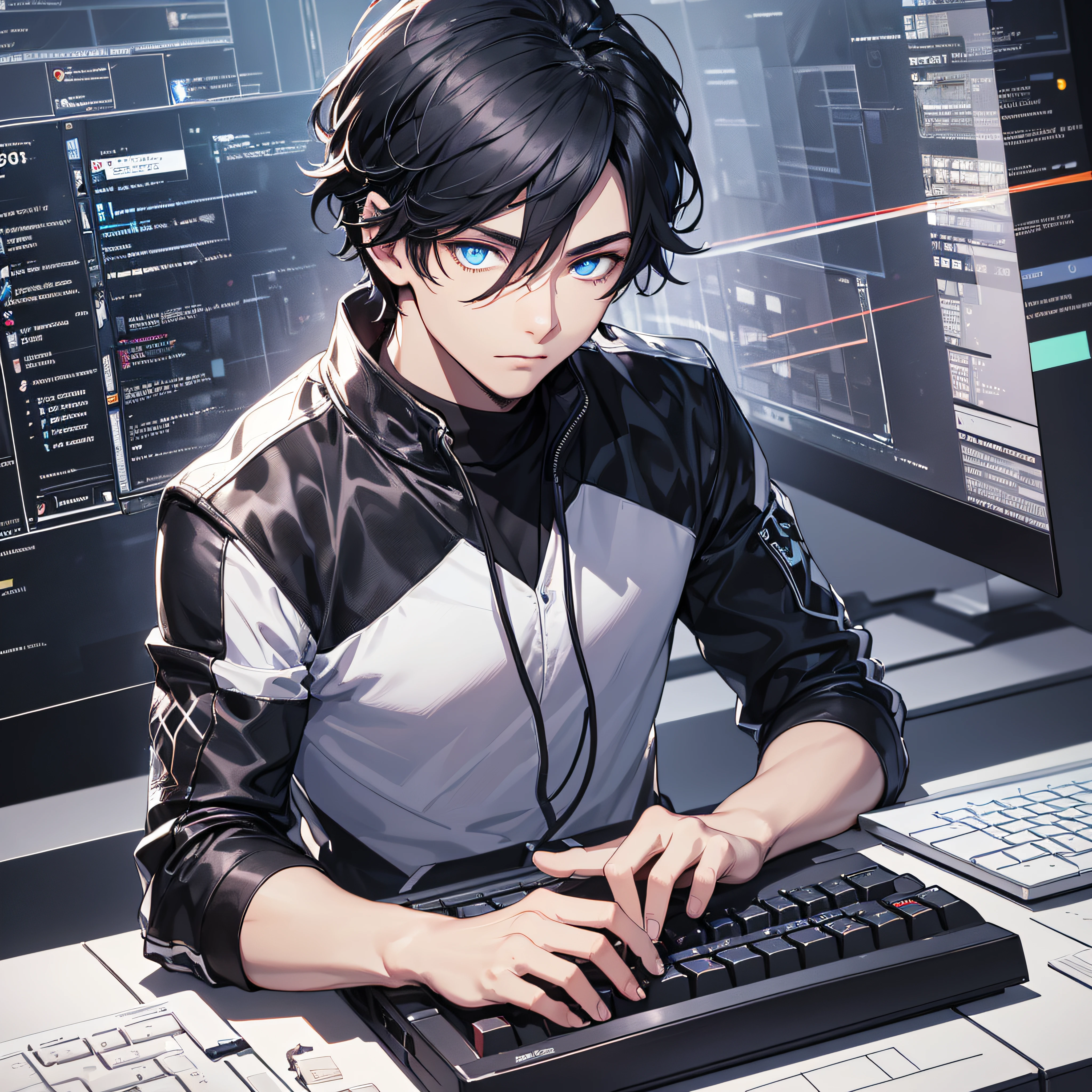 (tmasterpiece, Far plan, amazing quality, A highly detailed, Young guy, black  hair, blue eye, shadows under the eyes, Focused gaze, sitting at a table, keyboard, computer, Dark background, twilight), afternoon, typing on keyboard, hacker, ray tracing.