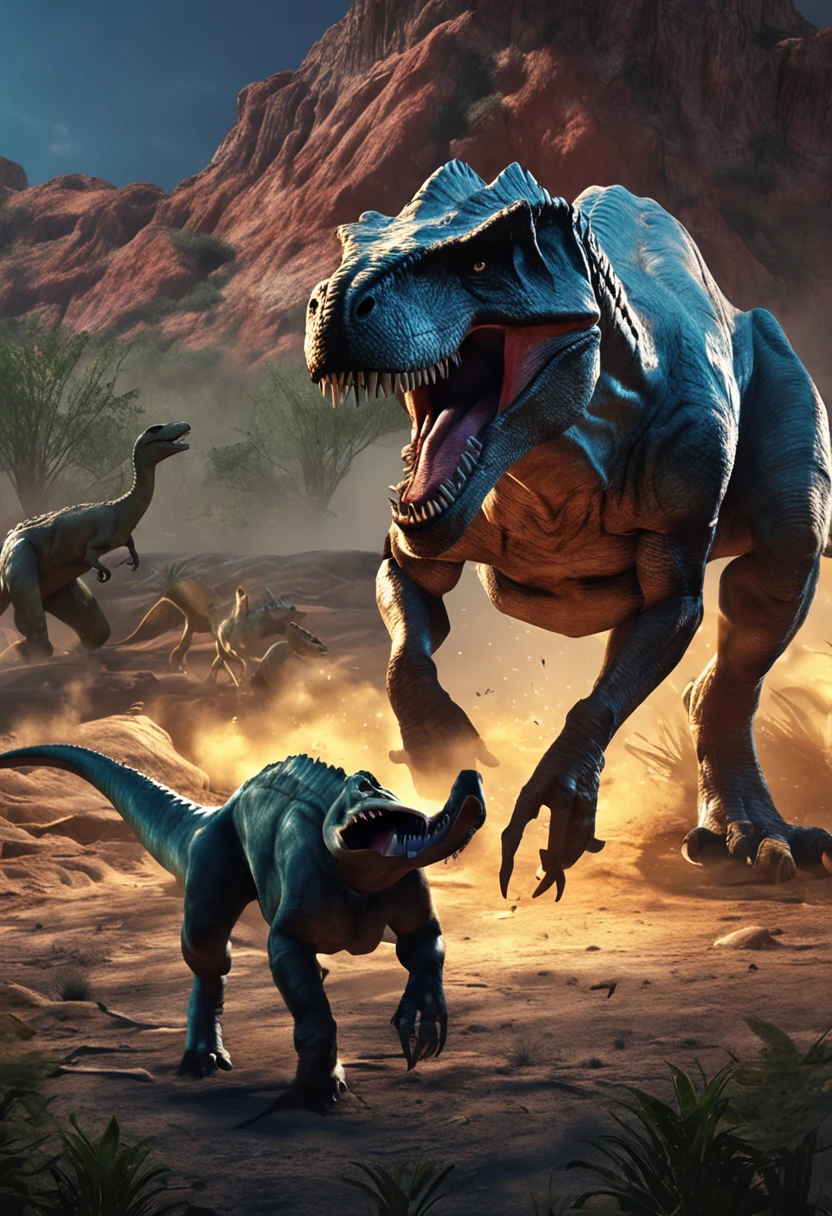 Dinosaurs fight wolves