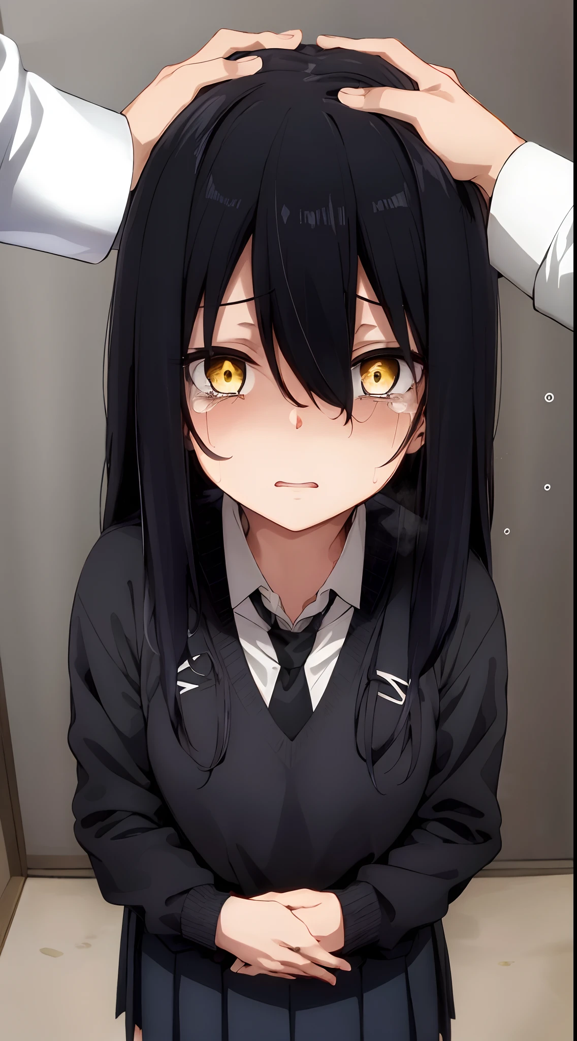 (mieruko:1.3), 1girl, standing, scared, tears, sweat drips, black tie, school uniform, yellow detailed eyes, long black hair, big eyes, (open mouth:0.1), detailed pupils, horror \(theme\), woman, headpat