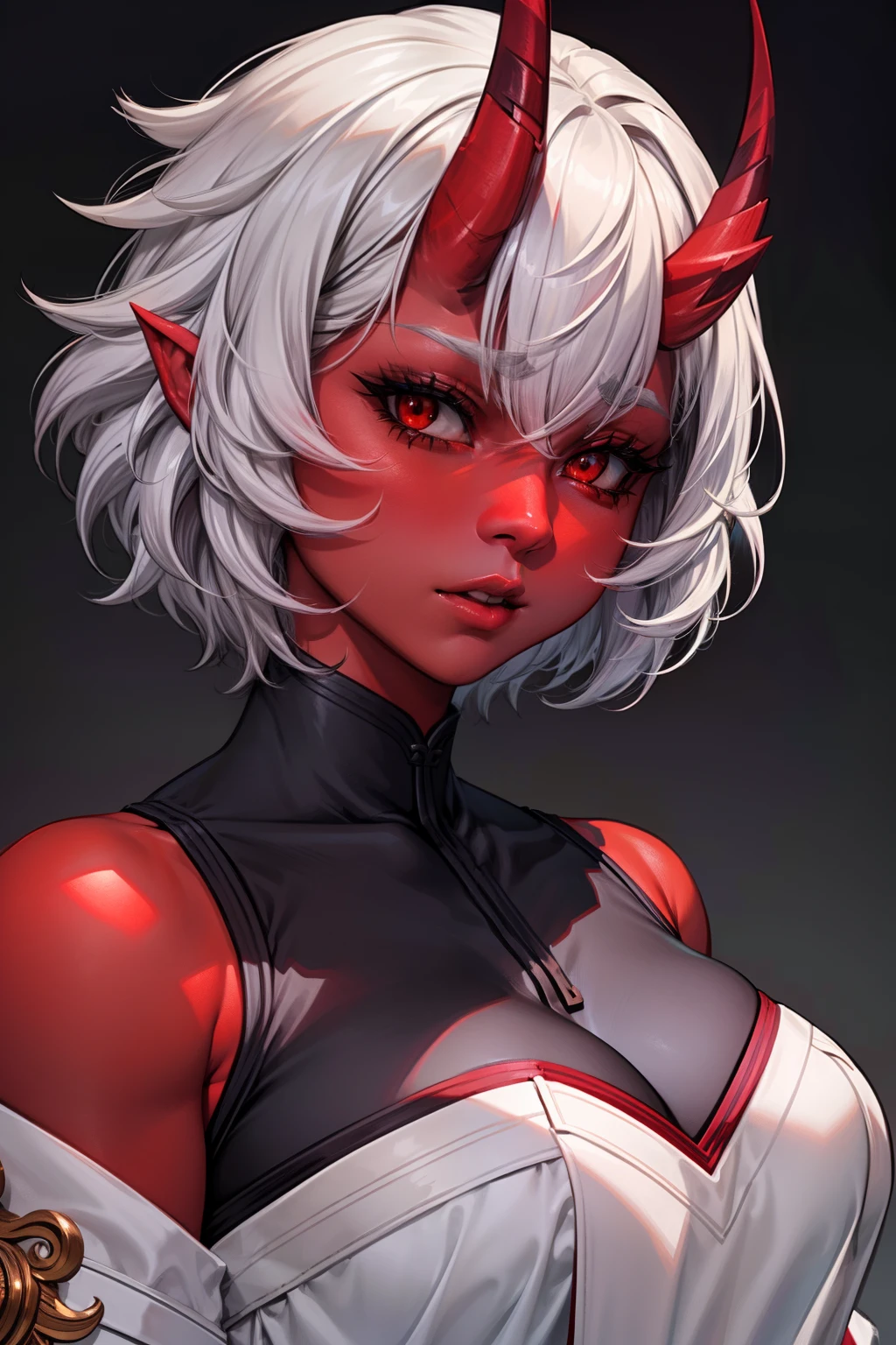 A woman，short detailed hair，ember，white backgrounid，Gray tones。Masterpiece, Best quality, 超高分辨率, Beautiful, Visually stunning, elegant, incredibily detailed, Award-winning art, 0n1, Red skin, oni horns, their, Red them, Colored skin,