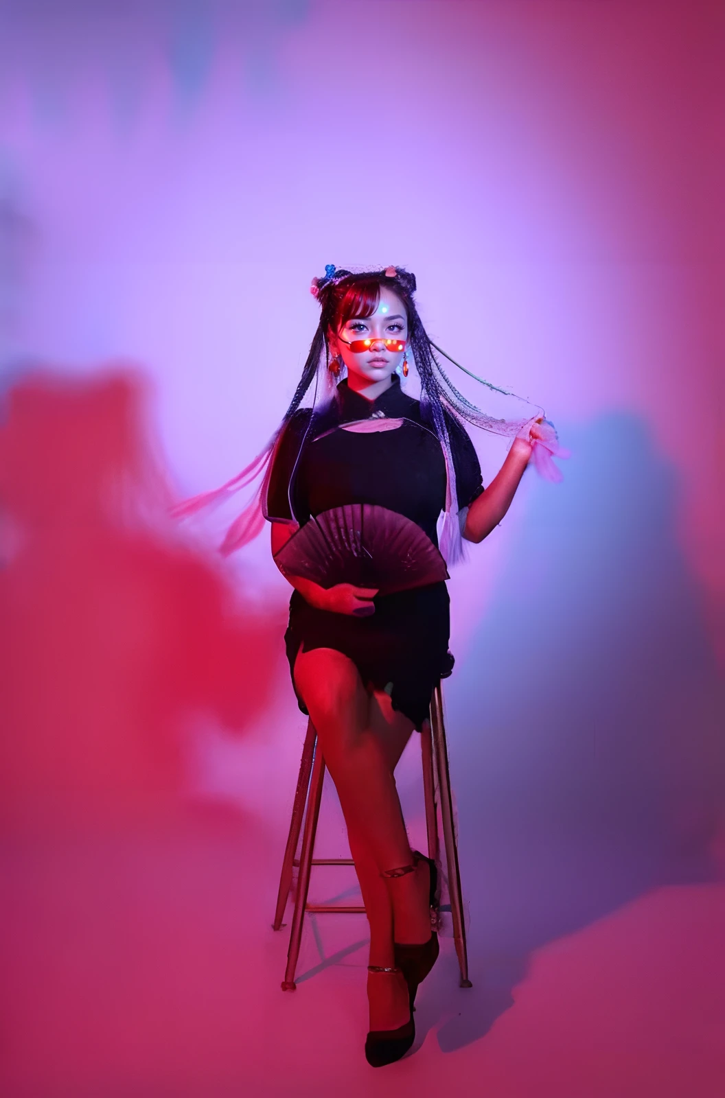 Araki woman holding a fan and a fan in her hand, photo from a promo shoot, promo shot, photoshoot, Profile image, promotional shot, promo photo, personal profile picture, concept photoset, with neon lights, music video, promo shoot, photographed, promotional shot, profile photo, alternate album cover, cl, 8 0 s asian neon movie still,Close-up of Frank front (Russian women:1.2)Body portrait of the model(Blonde elf long hairstyle:1.2),(Pose in the dazzling ballroom,Sparkling dance floors and twinkling lights in the snow:1.1),(Dress in glamorous Hollywood movie star fashion,Wear yours with a satin dress and fur shawl:1.2),In the dark,rays of moonlight,(Naughty),(Saluting:1.1), The dappled lights are on, (Bright flash photography:1.2),Crimson aesthetic,(sharp focus on the eyes),(hard shadows,Pitch-black bracken,No lighting,dark themes,dim murky lights,Deep contrast:1.1),(background focus),(Wear futuristic post-apocalyptic survivor costumes,Tattered leather jacket and goggles:1.2),Simulate film grain overexposure blur Polaroid