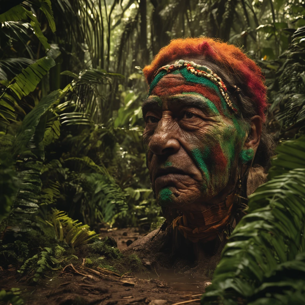 A mystical figure, (((aterrorizante))), ((sombria)), of the Amazon rainforest, lenda, estilo realista, 8k, :: style realista, :: 1.0, (((olhos de fogo))), Old lady, mulher : 2.0