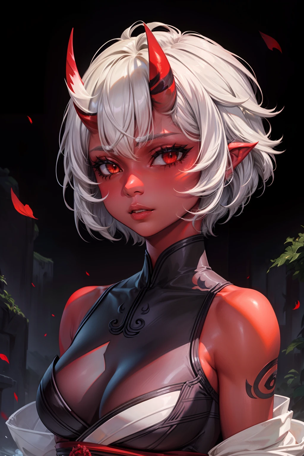 A woman，short detailed hair，ember，white backgrounid，Gray tones。Masterpiece, Best quality, 超高分辨率, Beautiful, Visually stunning, elegant, incredibily detailed, Award-winning art, 0n1, Red skin, oni horns, their, Red them, Colored skin,