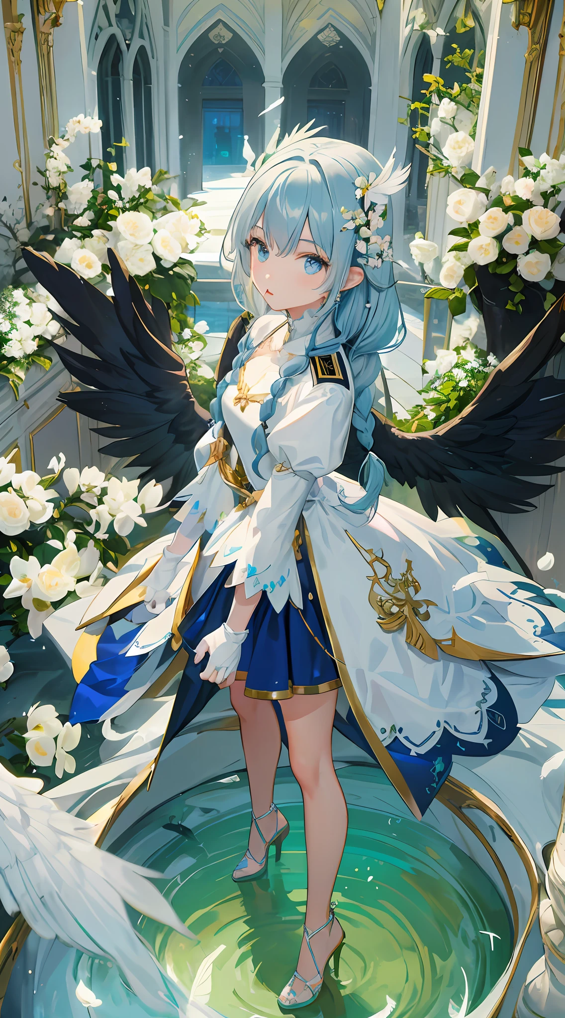 (looking-down),Dynamic Angle,ultra-detailliert, illustratio, gros-plan, Straight, One girl, (Fantasia:1.4), (azure eyes:1.233),(radiant eyes:1.233) ,(beautiful and delicate eyes:1.1),(Silver hair:1.14),(Long hair,Braids,hair between eye,side locks), (+(White feathers:1.14)),(Chiffon dress,Blue floral pattern on uniform)(no sleeves),(Fingerless gloves),a choker,high-heels,(deadpan,Mouth closure),(to stand), (classical Princess boudoir with dressing tableand french windowin a white ancient palaces),(white blossoms),(a dull blue world tree:1.14),Dreamy,(fluorescent),[Delicate fingers and hands:0.55],(Fine fingers),((Black Angel Wings))