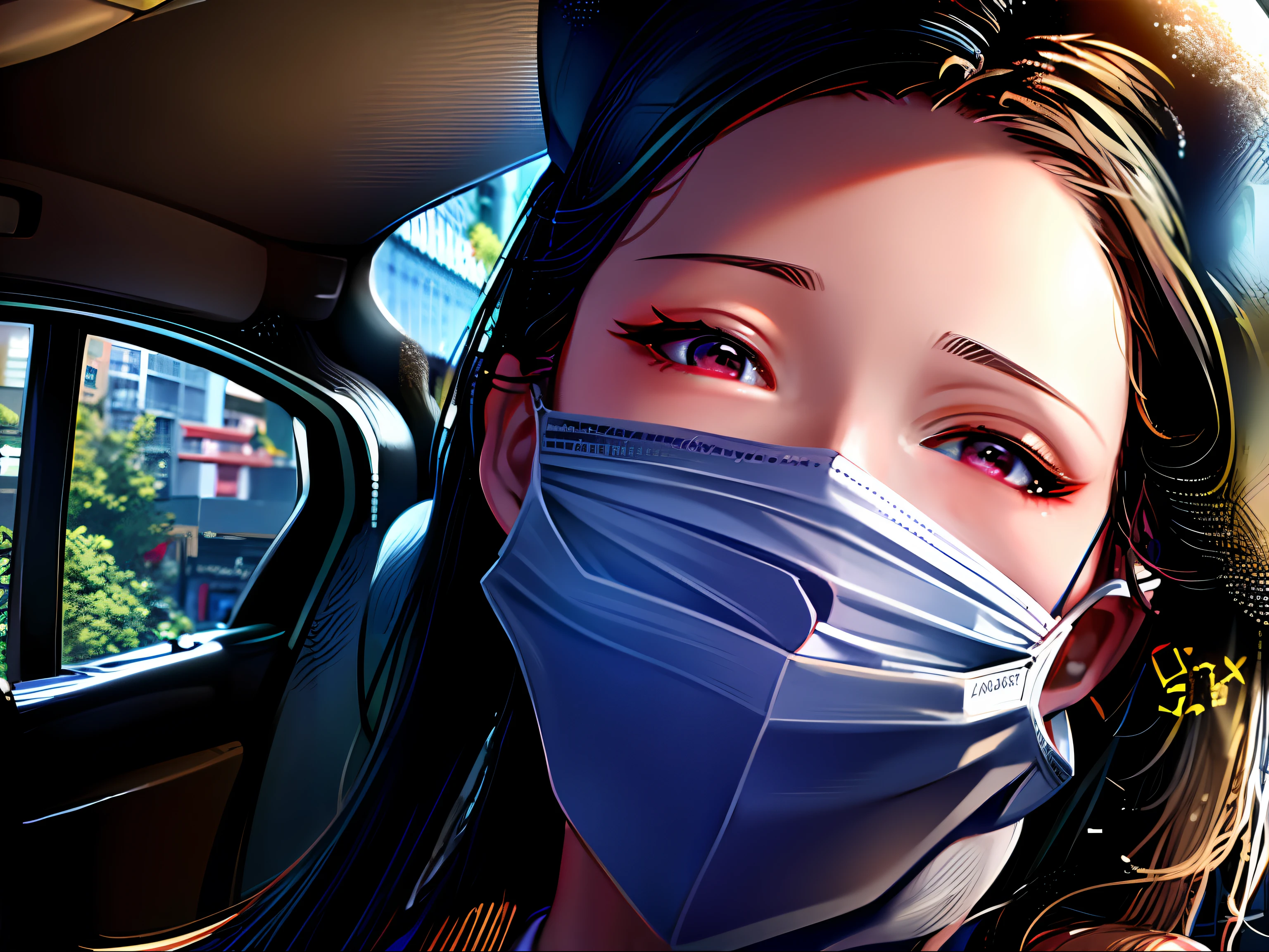 A woman wearing a mask is in the car, surgical mask covering mouth, wan adorable korean face, 8k selfie photograph, bae suzy, shaxi, sakimichan, the mask covers her entire face, wearing face mask, wearing transparent glass mask, xintong chen, Xianxia, young cute wan asian face, Cai Xukun, belle delphine