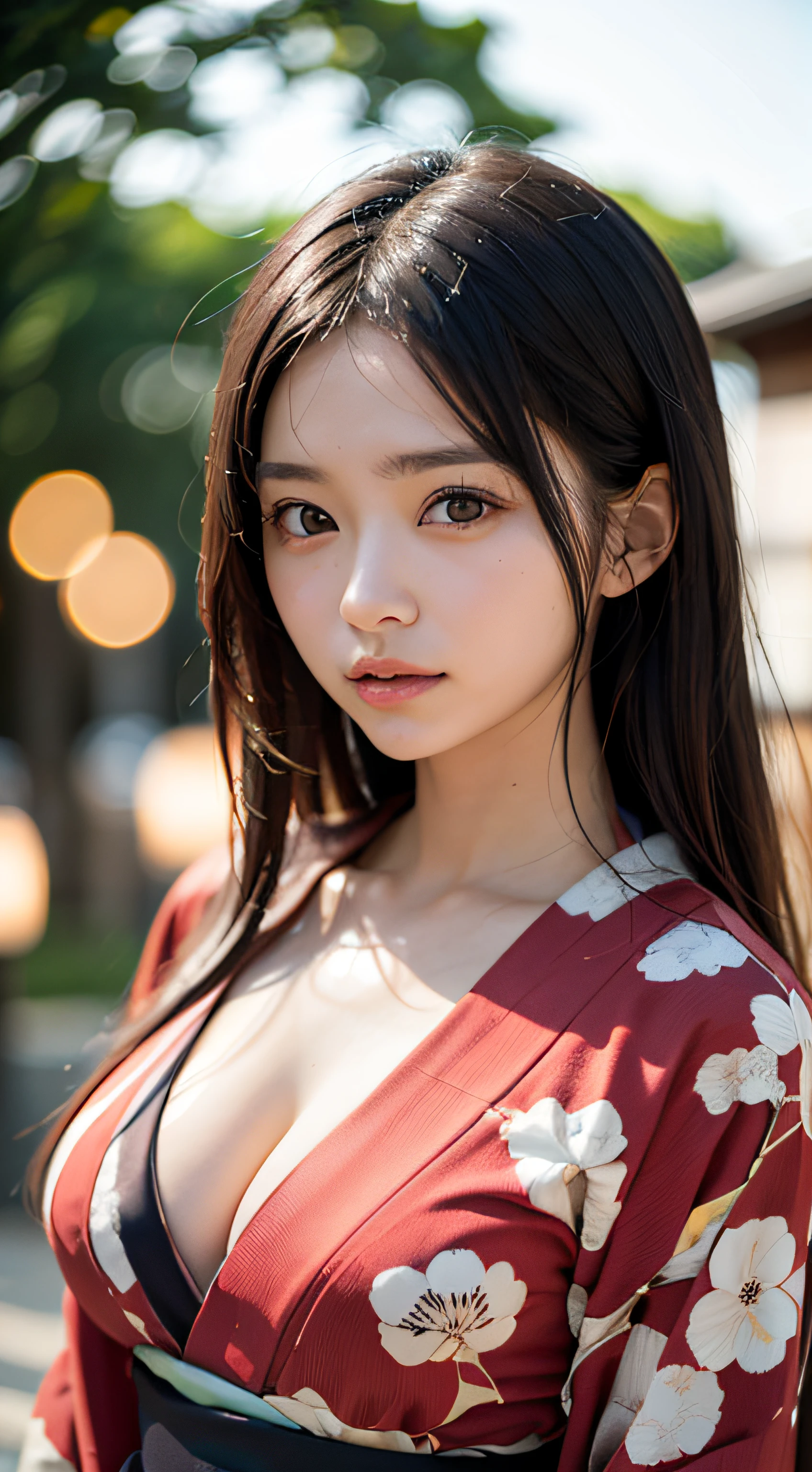 (masutepiece, Best Quality:1.4), Beautiful face, 8K, 85 mm, absurderes, (japanese kimono:1.4), The upper part of the body, cleavage of the breast、Facing the camera、 violaceaess, gardeniass, Delicate girl, Solo, Night, Looking at Viewer, Upper body, Film grain, chromatic abberation, Sharp Focus, face lights, Professional Lighting, Sophisticated, (Smile:0.4), cleavage, (Simple background, Bokeh background:1.2), Detail Face