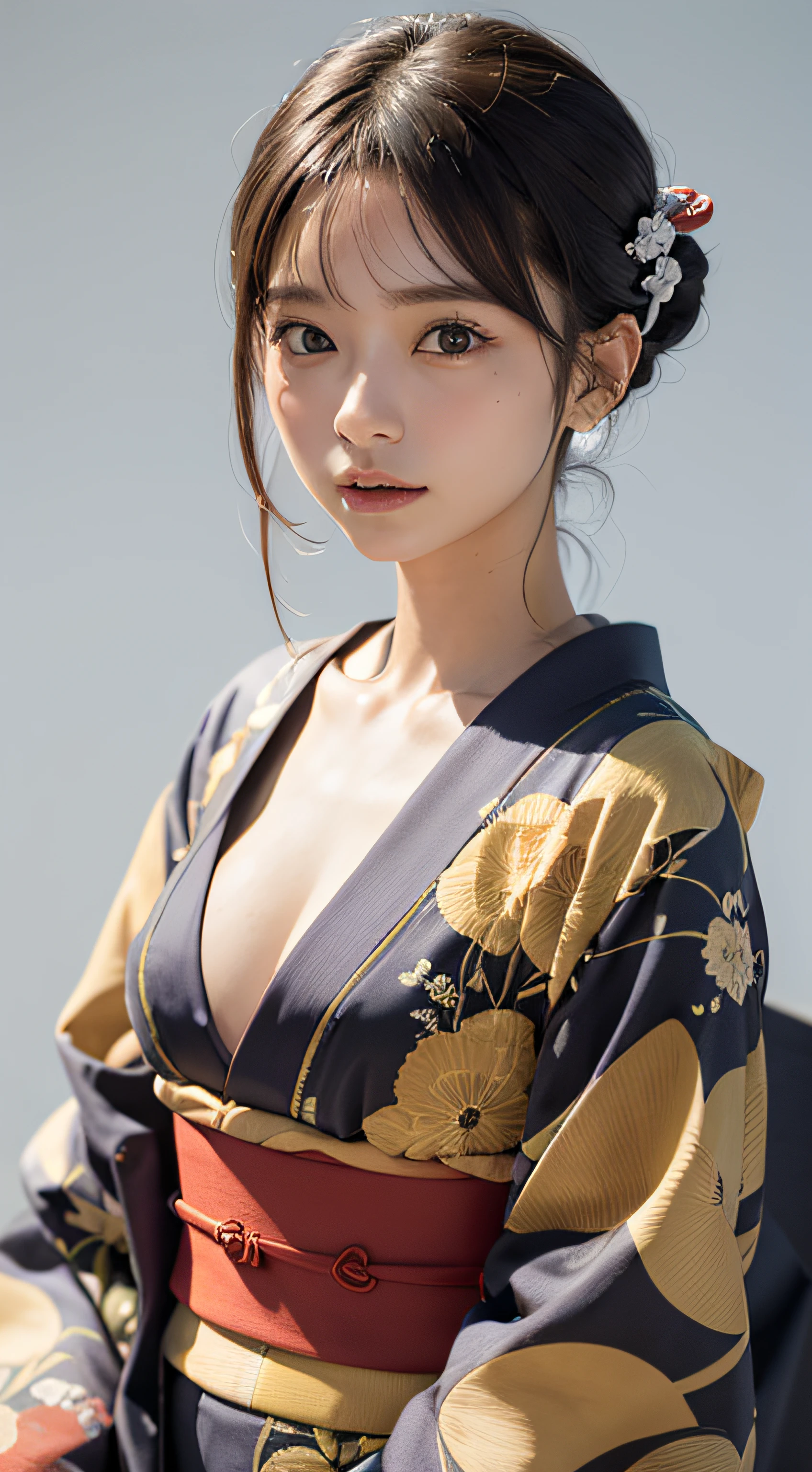 (masutepiece, Best Quality:1.4), Beautiful face, 8K, 85 mm, absurderes, (japanese kimono:1.4), The upper part of the body, cleavage of the breast、Facing the camera、 violaceaess, gardeniass, Delicate girl, Solo, Night, Looking at Viewer, Upper body, Film grain, chromatic abberation, Sharp Focus, face lights, Professional Lighting, Sophisticated, (Smile:0.4), cleavage, (Simple background, Bokeh background:1.2), Detail Face