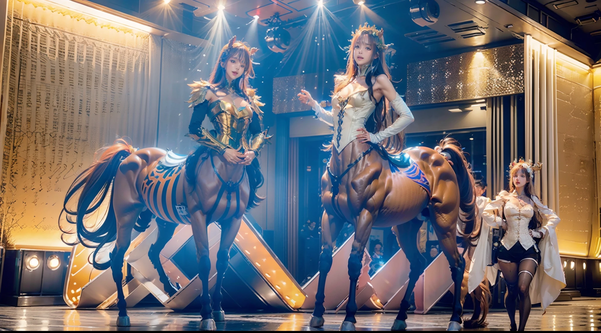 In the beautiful illustration of this super-grand scene,The ultra-long-range lens is shown(Eight unique centaur characters9.9),They all have their own characteristics,Vivid and interesting。Radiant angelic centaurs from the heavenly realm,To the hellish centaurs surrounded by nightmarish flames,And then to the Wind Immortal Centaur dancing in the air,There are also one-horned centaurs surrounded by thunder and lightning,and mechanical centaurs that shine with metallic light,And then to the powerful dragon centaur with colored dragon scales covering the whole body,The elegant and agile elf centaur always wears a flower crown with its slender and graceful lines,Enchanting and charming Tiflin centaurs。Each character has their own unique charms and abilities。The illustration uses advanced artistic techniques and tools,(Divide the scene into sections by geometric arrangement:9.9),Each section corresponds to a centaur character,This makes more efficient use of space。Through Midjourney's advanced brush tools、Color palette、Material packs and model packs,Exquisite costumes and equipment are designed for each centaur,Enhances the character's personality and visual appeal。The scenery in the illustrations is stunning,There are changing skies、rainbowing、extreme light、Stars and Moon。Incorporating iconic landmarks such as Mount Everest,and fireworks、tranquil lake、Natural and urban elements of waves and neon lights,Creates a magical atmosphere。The centaurs showed off their skills and equipment in a variety of environments,This is true even in extreme alien landscapes。(Use Midjourney's tools、Material packs、Texture tools、The color palette makes depicting details vivid and realistic9.9),From intricate hairstyles and clothing to authentic textures,Enhances the realism of the characters and surroundings。The fusion of multiple art styles adds movement to the centaur's movement at all angles,The overall visual experience is further enriched。The final illustration was described as a "master