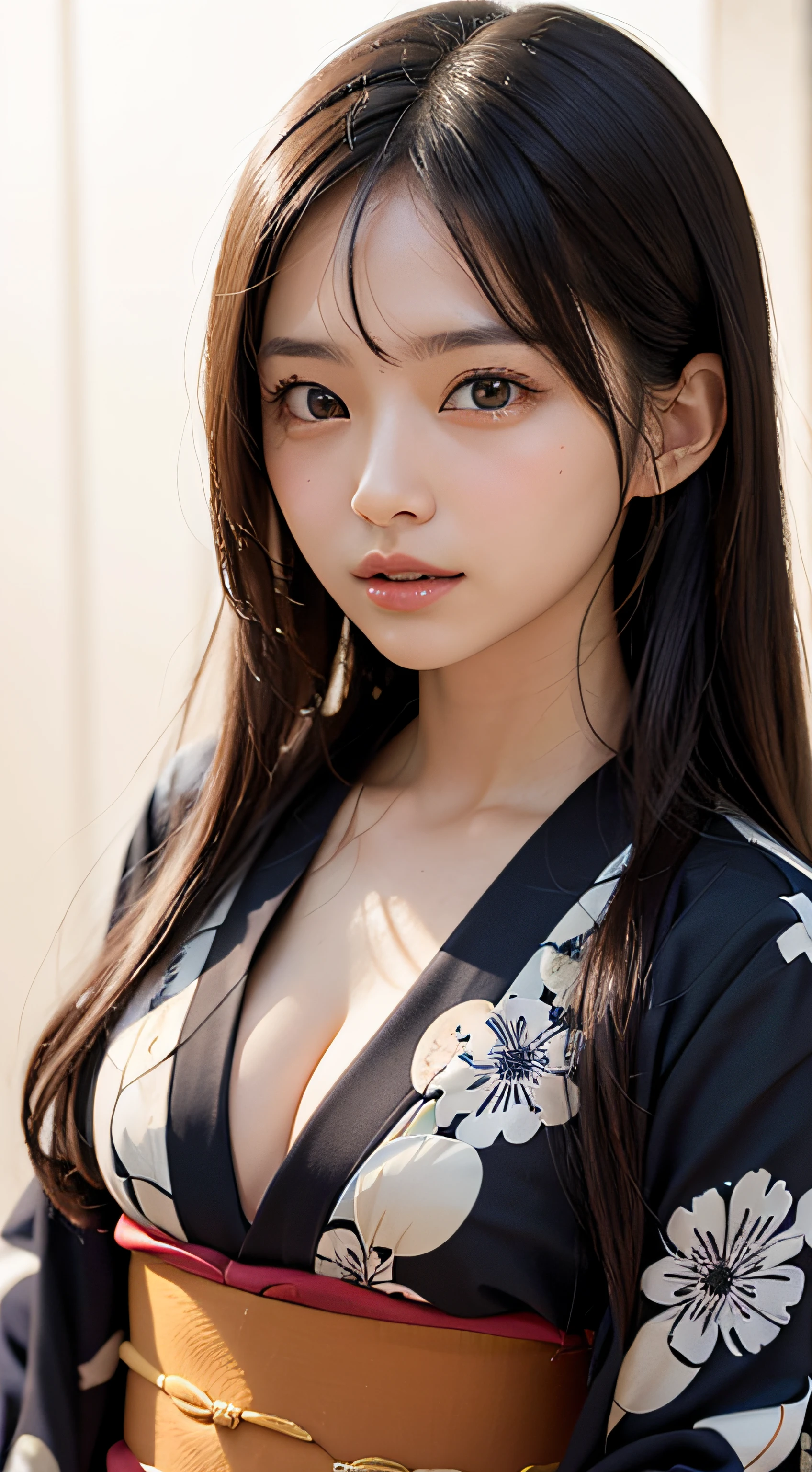 (masutepiece, Best Quality:1.4), Beautiful face, 8K, 85 mm, absurderes, (japanese kimono:1.4), The upper part of the body, cleavage of the breast、Facing the camera、 violaceaess, gardeniass, Delicate girl, Solo, Night, Looking at Viewer, Upper body, Film grain, chromatic abberation, Sharp Focus, face lights, Professional Lighting, Sophisticated, (Smile:0.4), cleavage, (Simple background, Bokeh background:1.2), Detail Face