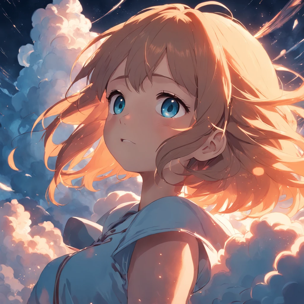 masterpiece, best quality, movie still, 1girl, cloud girl, floating in the sky, close-up, bright, happy, warm soft lighting, sunset, (sparks:0.7)