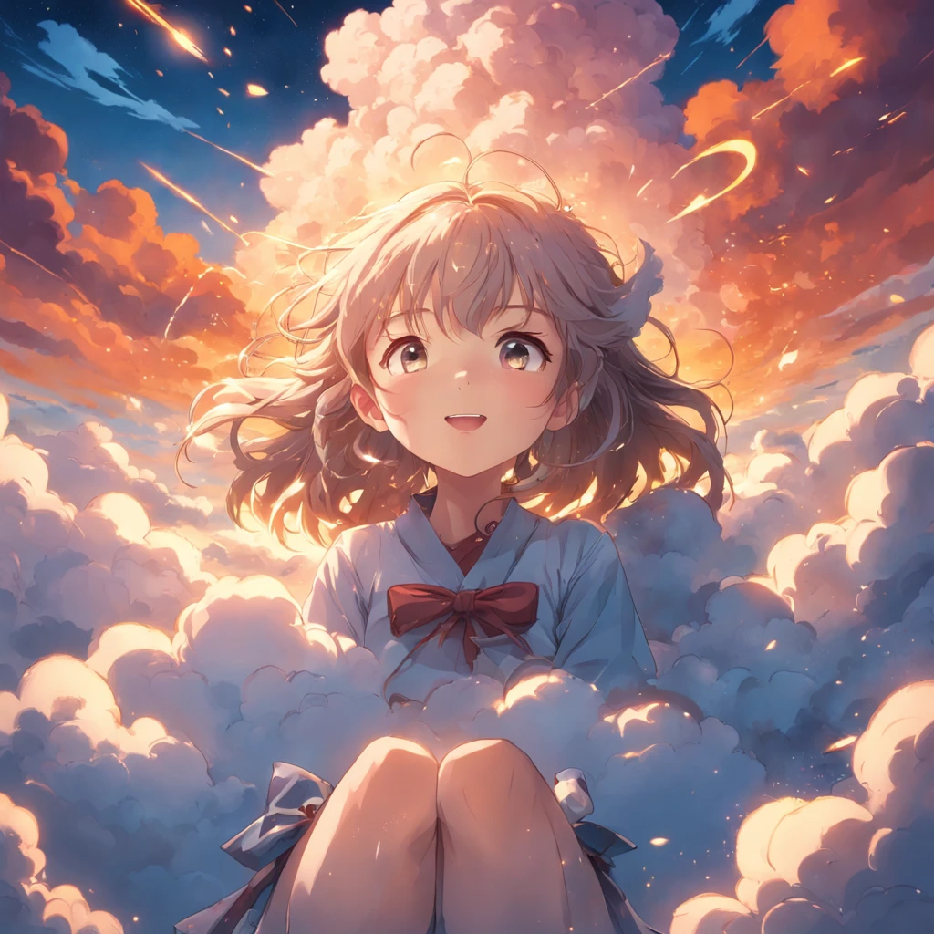 masterpiece, best quality, movie still, 1girl, cloud girl, floating in the sky, close-up, bright, happy, warm soft lighting, sunset, (sparks:0.7)