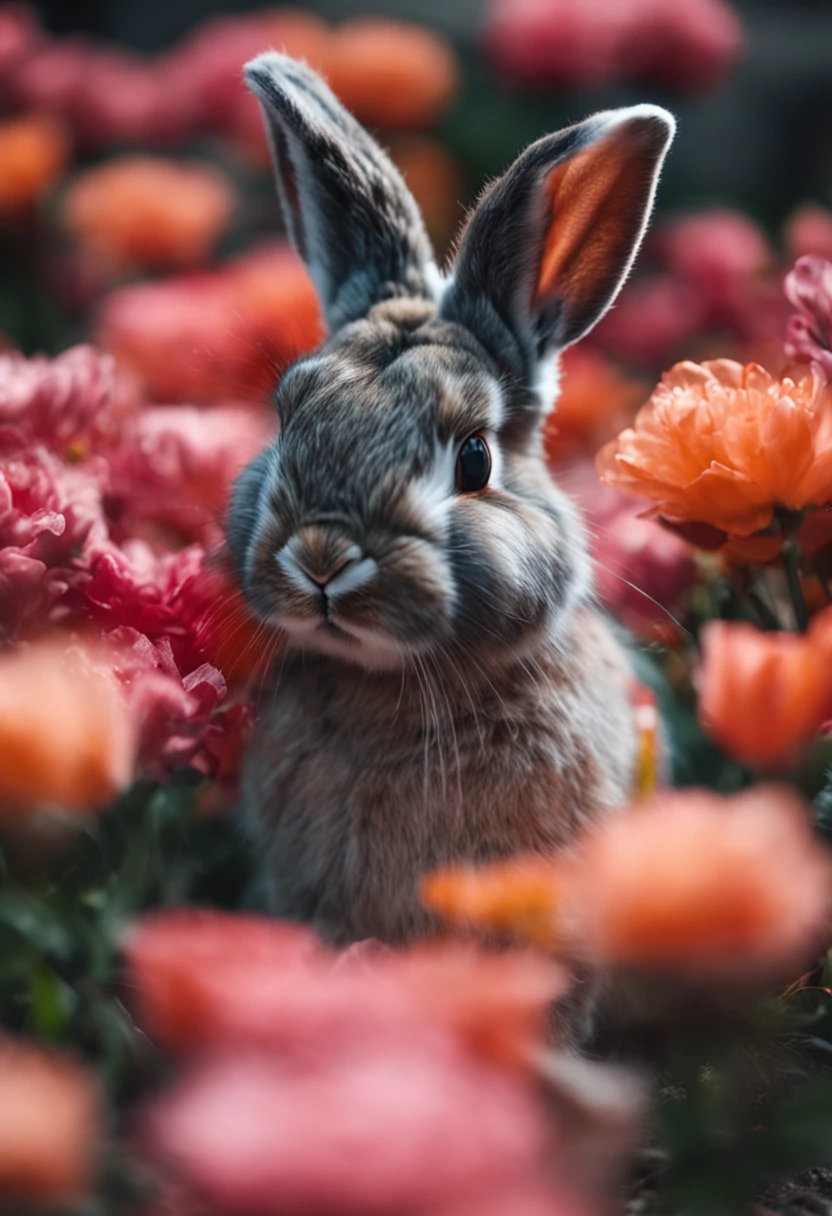 bunny, blur, bunny, flower, nature, no_humans, depth of field, to8contrast style, DARK_Glam, wearing DRK_Glam, deep shadows, (dark: 1.4), (8k, RAW photo, best quality, masterpiece: 1.2)