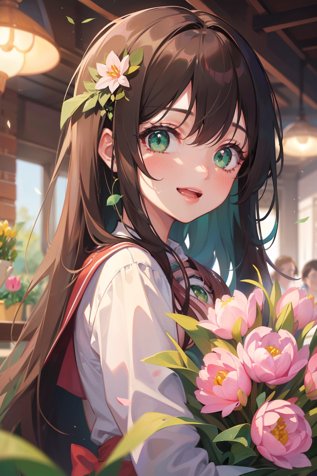 (masterpiece), (best quality), ultra high res, sharp focus, ((1 woman, solo)), upper body, beautiful detailed hair, chestnut brown hair, long hair flowing up, beautiful detailed face, ((beautiful shape eyes, green eyes)), perfect feminine face, happy face, look athe viewer, smile, giving a bouquet of pink tulips to the viewer, celebrating for the viewer
