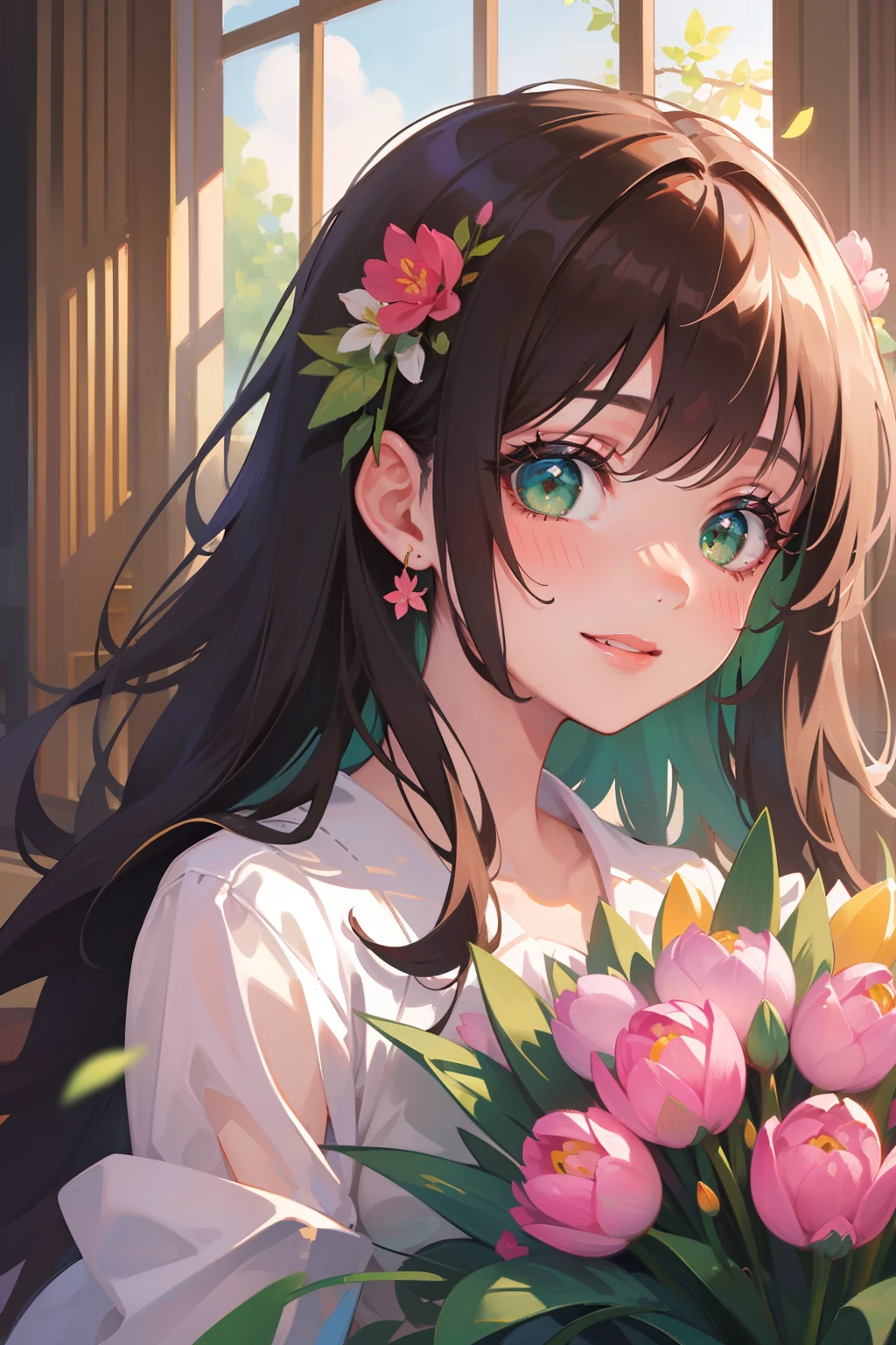 (masterpiece), (best quality), ultra high res, sharp focus, ((1 woman, solo)), upper body, beautiful detailed hair, chestnut brown hair, long hair flowing up, beautiful detailed face, ((beautiful shape eyes, green eyes)), perfect feminine face, happy face, look athe viewer, smile, giving a bouquet of pink tulips to the viewer, celebrating for the viewer