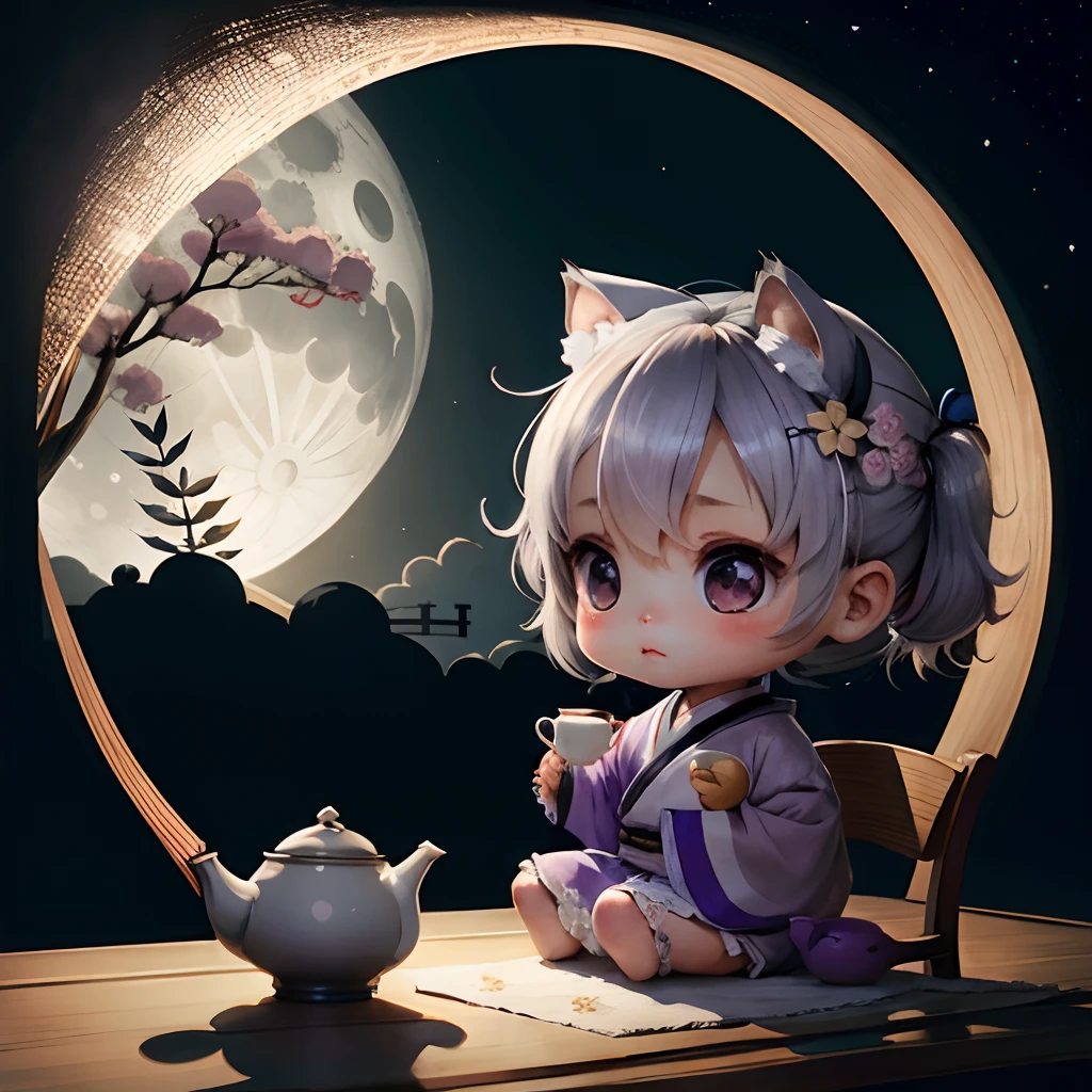 Cute baby chibi anime, grey and light purple kimono, sit in the teapot, drink tea, moon background