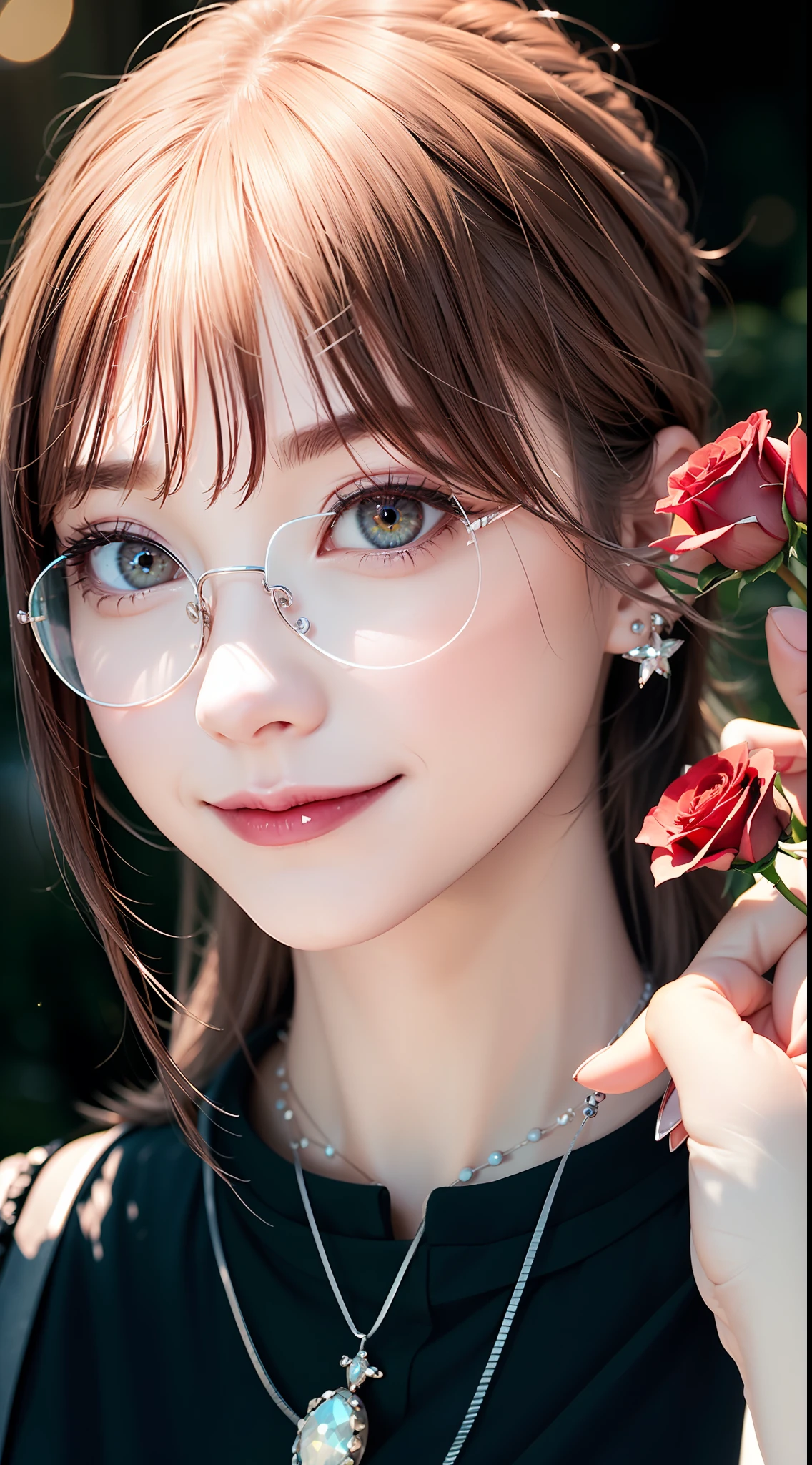 Garden covered with red roses in the background, Silver hair, front ponytail, eyes reflection, red contact lenses, Pink eyes,Heterochromia, Wear earrings, Blue crystal pendant,Evil smile, Glasses on the head,High detail, romanticism lain, Depth of field, Sparkle, Ray tracing, viewfinder, zoom layer, Close-up, Bokeh, Anatomically correct, High details, 1080p, hyper HD