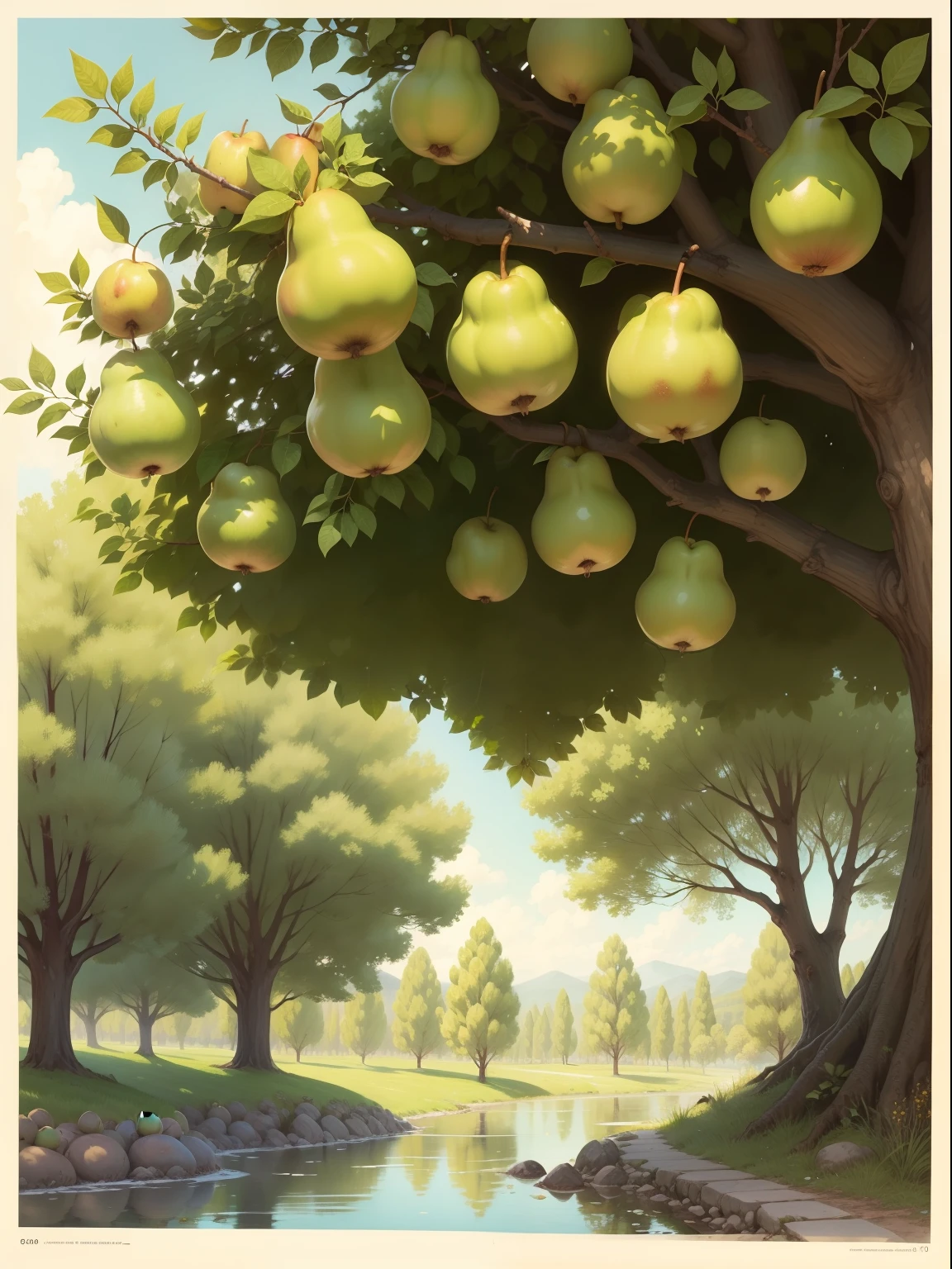 Abundant water pears,The pear trees are covered with pears,National comic style,Illustration style