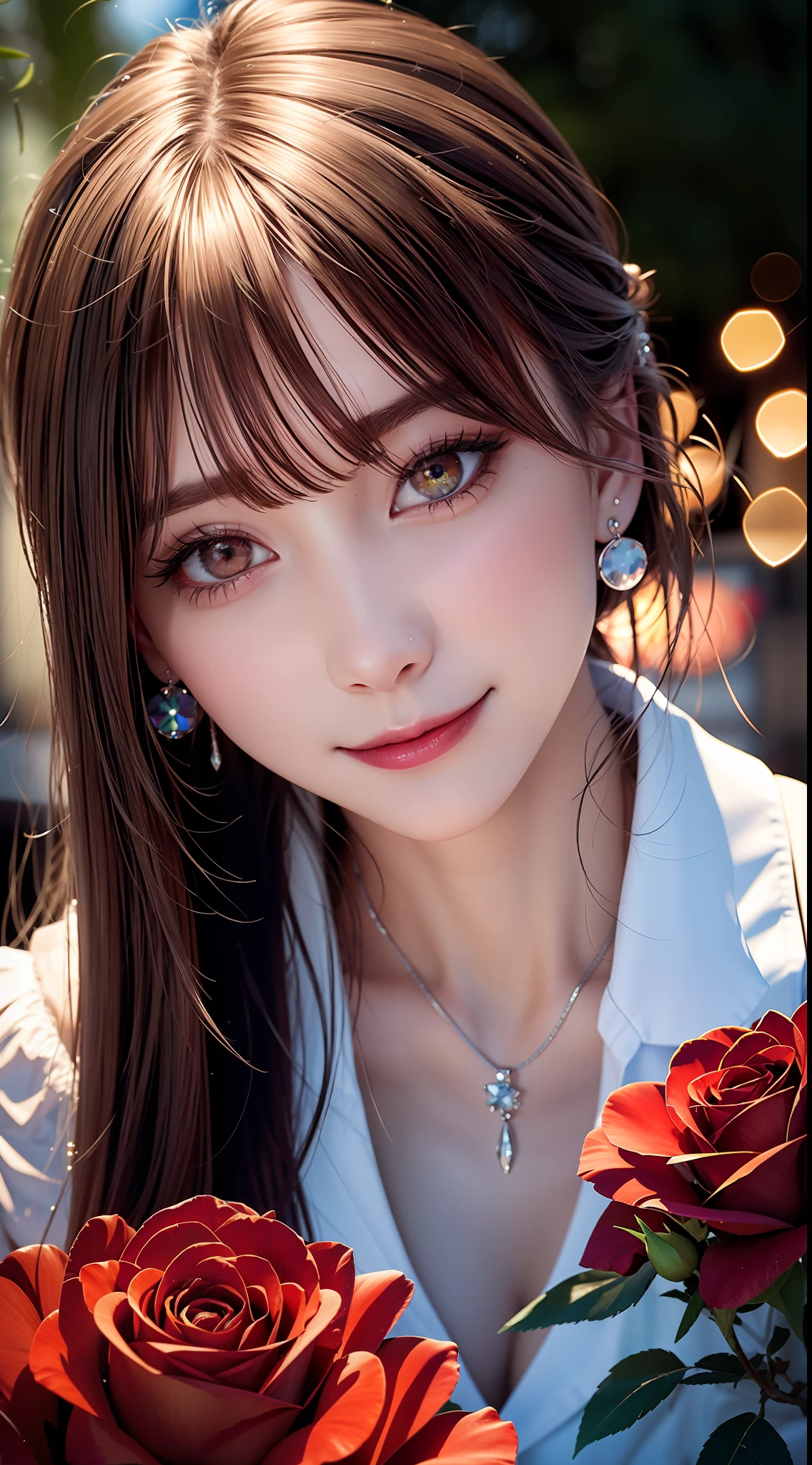 Garden covered with red roses in the background, Silver hair, front ponytail, eyes reflection, red contact lenses, Pink eyes,Heterochromia, Wear earrings, Blue crystal pendant,Evil smile, Glasses on the head,High detail, romanticism lain, Depth of field, Sparkle, Ray tracing, viewfinder, zoom layer, Close-up, Bokeh, Anatomically correct, High details, 1080p, hyper HD