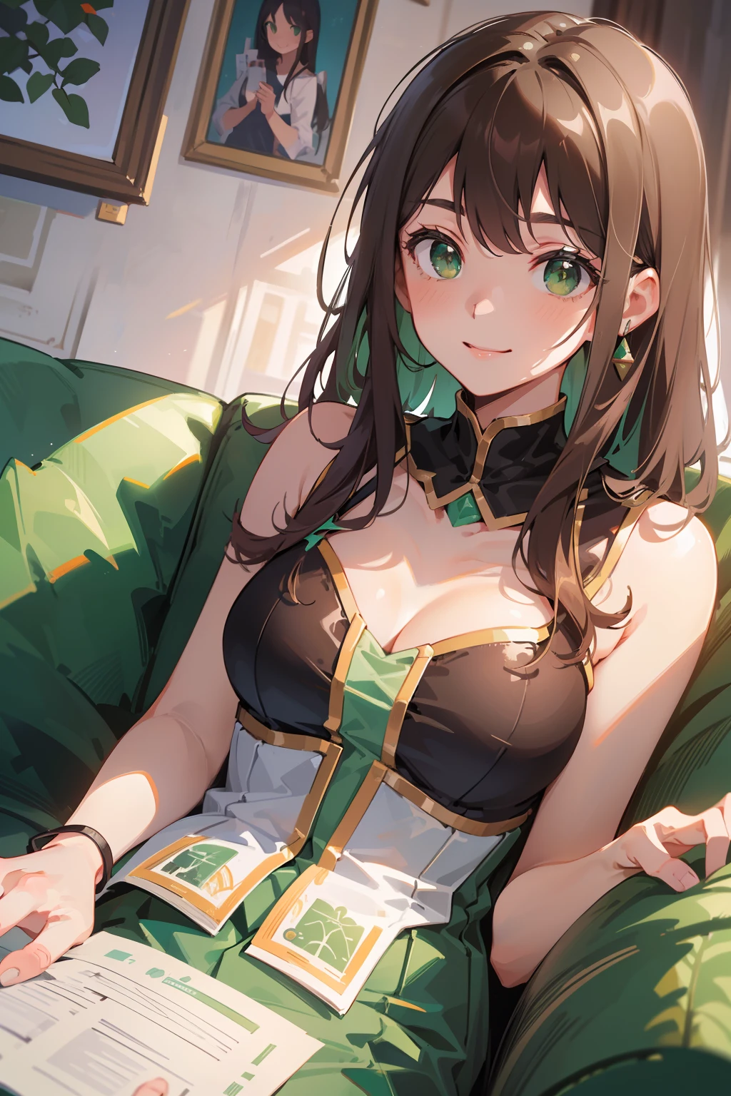 (masterpiece), (best quality), ultra high res, sharp focus, ((1 woman, solo)), upper body, dutch angle, beautiful detailed hair, chestnut brown hair, long hair tumbles down, beautiful detailed face, ((beautiful shape eyes, green eyes)), perfect feminine face, comfortable face, smile, sitting on the couch, focus on the book