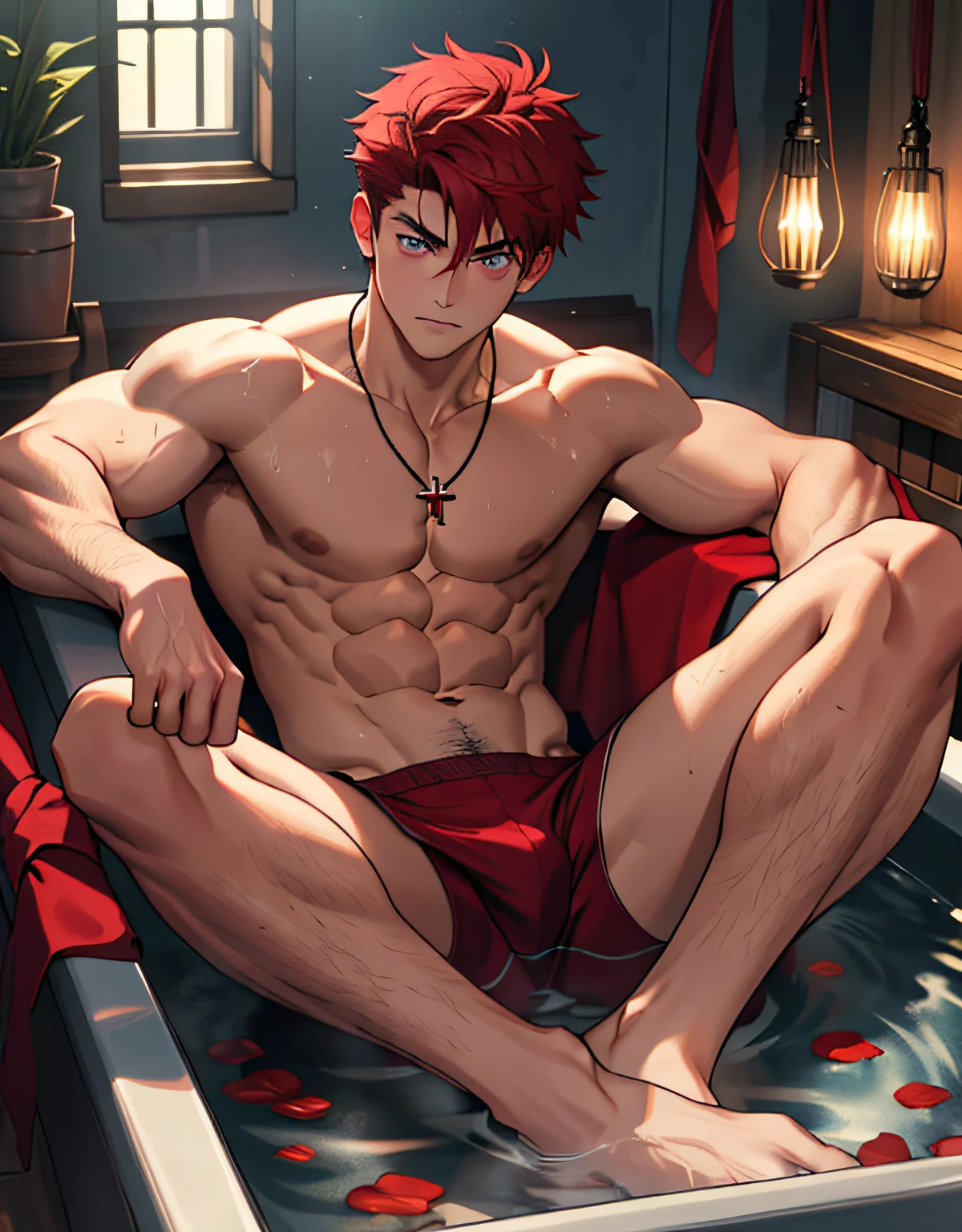 (masterpiece, best quality), 1boy, e boy,infancy,Young age,dress room,Short round face,Flat chin,is shy,musculous, short red hair, blue-purple eyes, 复杂, (Baths), full bodyesbian,nakeness, White briefs,Pectoralis abdominal muscles,vivd colour,(depth of fields:1.2),(abs),Be red in the face,looking at viewert,A piano,spread their legs, ruby jeweled necklace