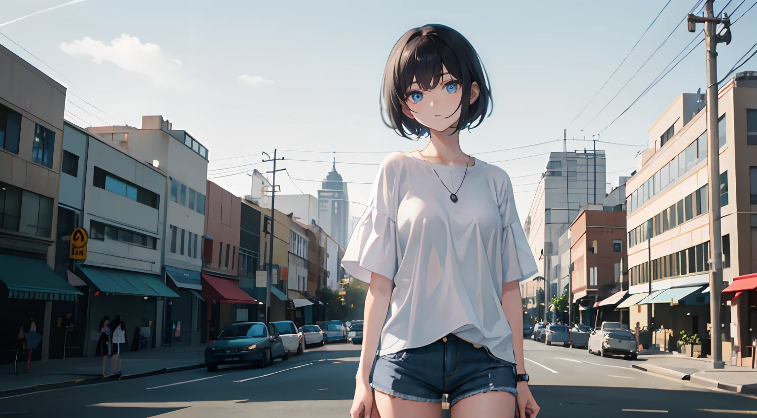 1girl, short black hair, blue eyes, wearing plain white shirt, denim shorts, city, absurdres, high res, ultrasharp, 8K, masterpiece, looking at viewer