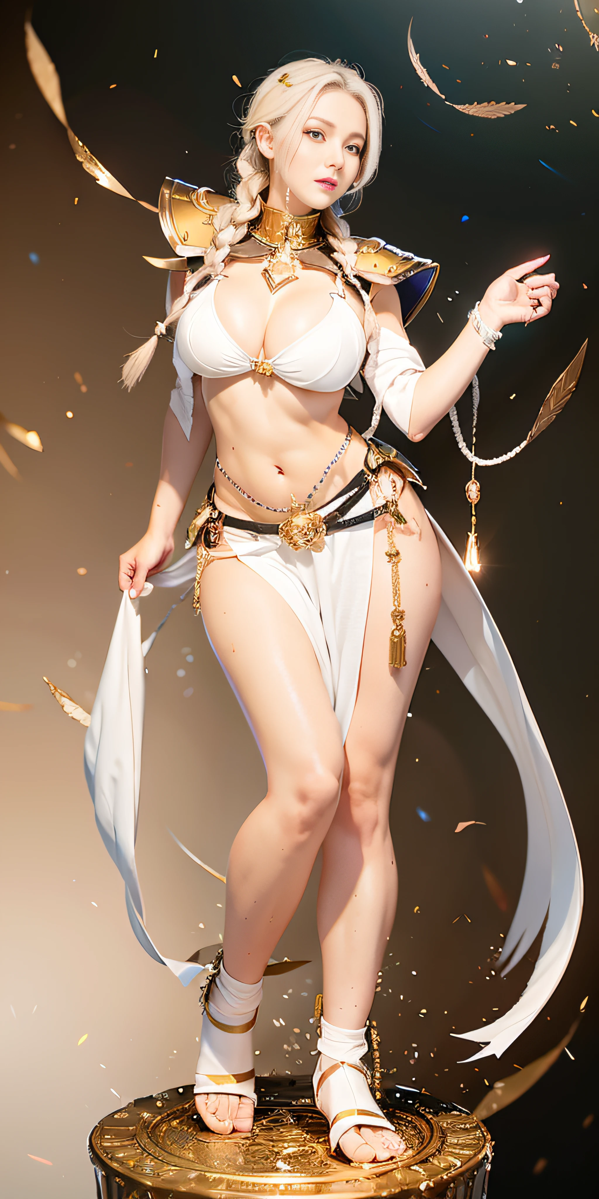 1girl full body standing, nice ass, Hairstyle with a braid, white colored hair, Yellow eyes, perfect lighting, muscular, thights, Mature woman, mummy, bellybutton, Abs, looks at the viewer (tmasterpiece, hiquality: 1.1) ssmile, Extremely huge breasts, Maternal, porcelain skin, extra very long hair, sparkly skin, good face, chest cover
