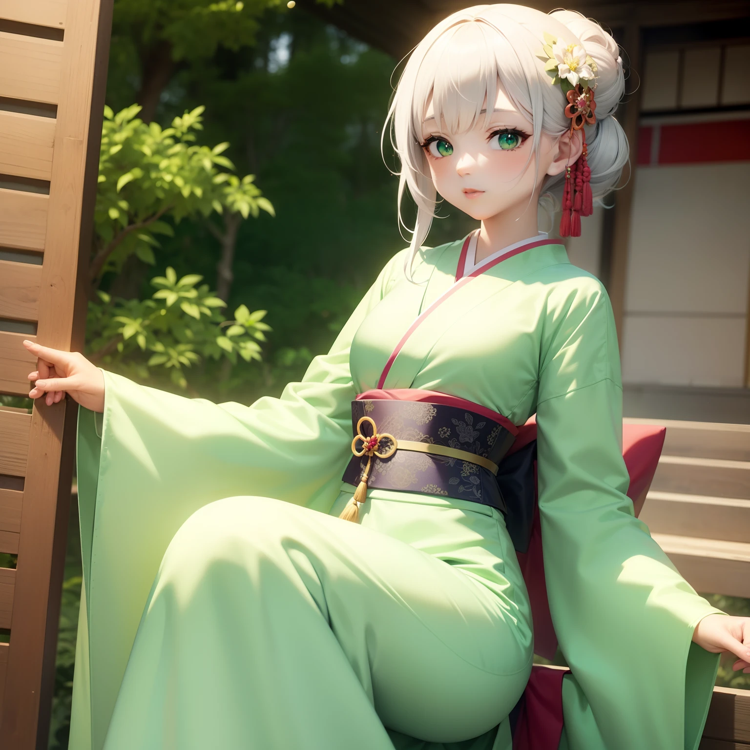 anime girl with green dress, white haired deity, cute anime waifu in a nice dress, shikamimi, digital anime illustration, dressed in a green robe, palace, a girl in hanfu, japanese goddess, beautiful alluring anime woman, official art, seductive anime girl, detailed digital anime art, anime visual of a cute girl, white hair, green eyes, cute girl