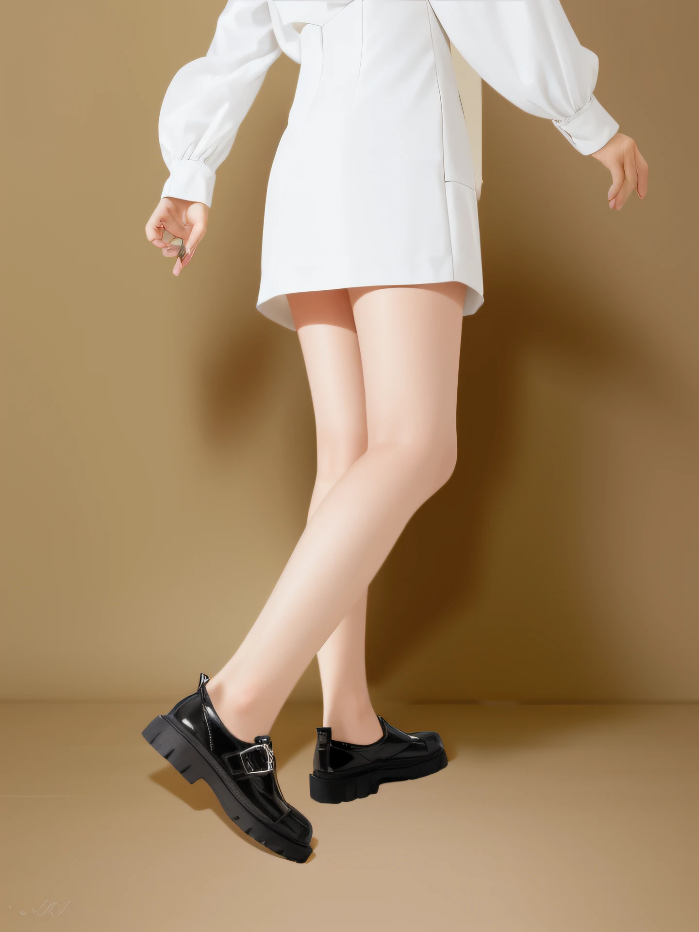 Woman in white dress and black shoes walking on sepia floor, platforms, bottom angles, White shoes, sleek legs, Long thin legs, jia, Slim legs, legs visible, White miniskirt, shift dresses\'s lower, wearing white skirt, White tights, Wearing white tights, pointè pose, Short legs, Official product image, Miniskirt