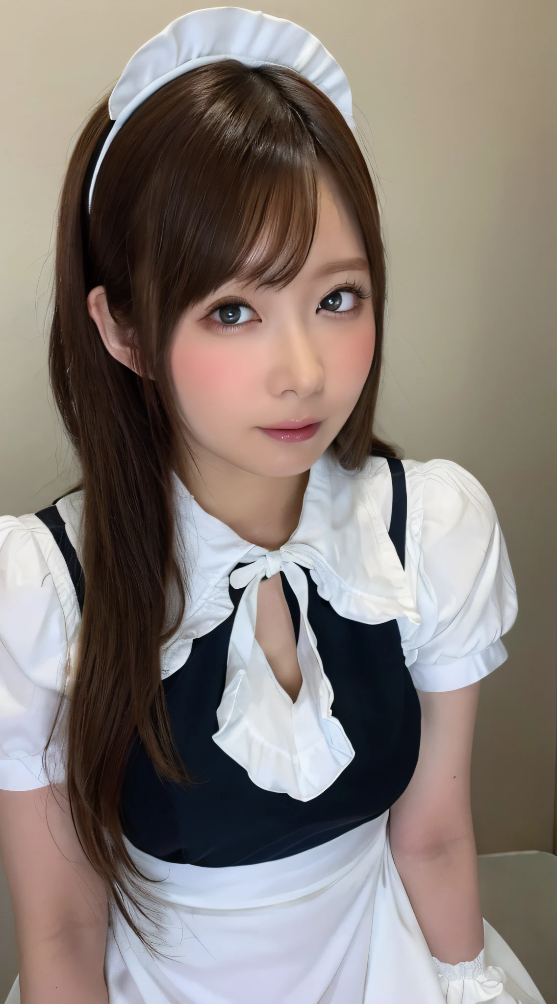 masutepiece, Best Quality, Illustration, Ultra-detailed, finely detail, hight resolution, 8K Wallpaper, Perfect dynamic composition, ((close up:1.3, from above, lookin at viewer)), Beautiful detailed eyes , (wearing Cotton Maid Costume, , Cute Ruffle Girl Dress, maid headband, color base on white black blue),