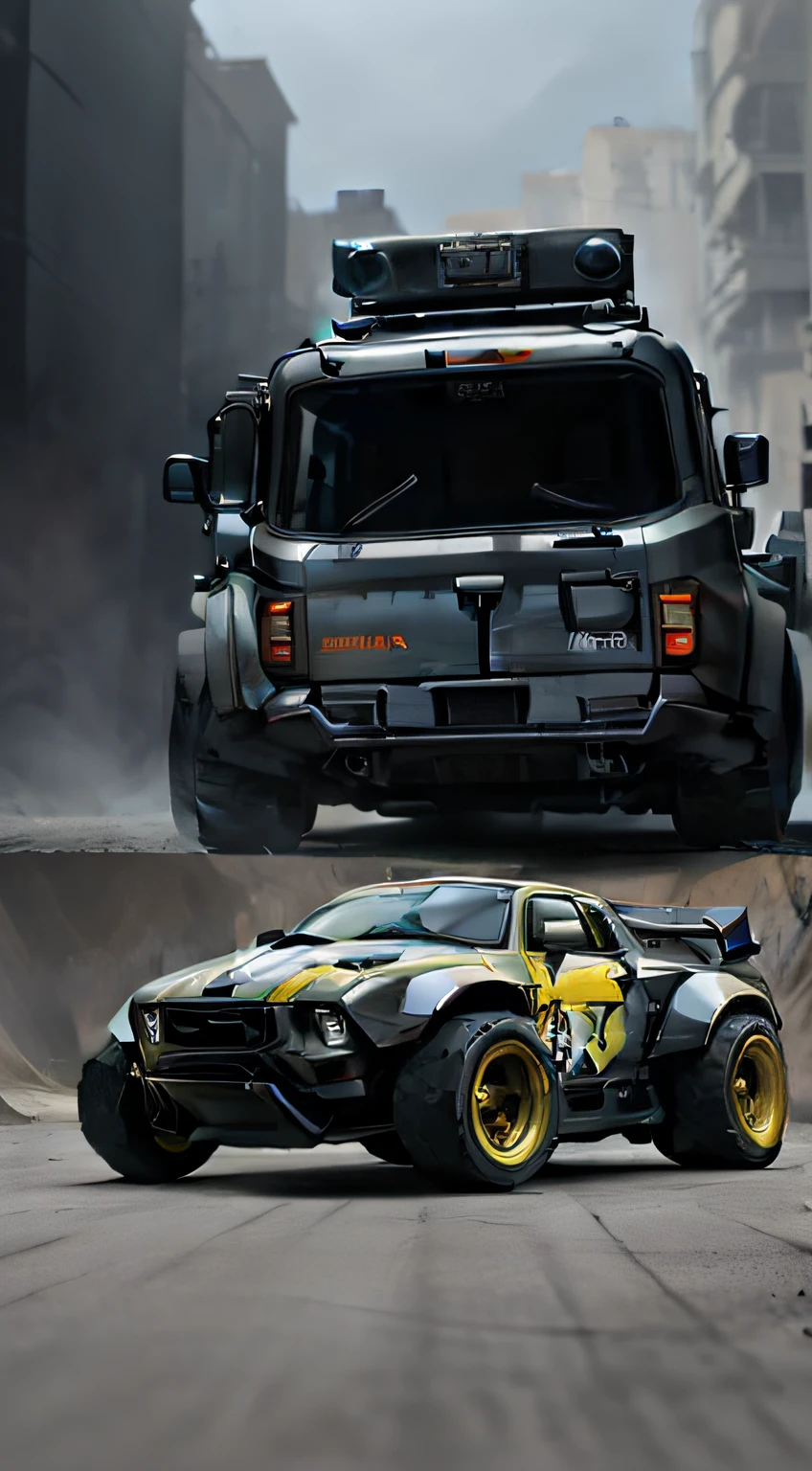 a huge colorful cyber truck controlled by alien monkeys, cinematic and detailed