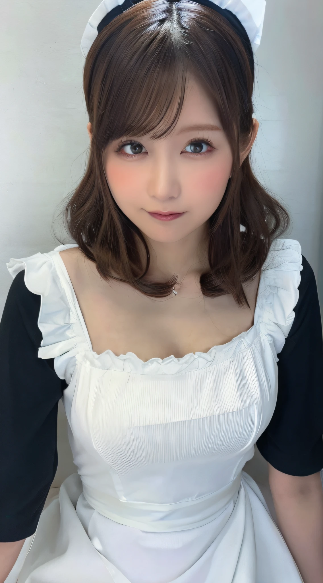 masutepiece, Best Quality, Illustration, Ultra-detailed, finely detail, hight resolution, 8K Wallpaper, Perfect dynamic composition, ((close up:1.3, from above, lookin at viewer)), Beautiful detailed eyes , (wearing Cotton Maid Costume, , Cute Ruffle Girl Dress, maid headband, color base on white black blue),
