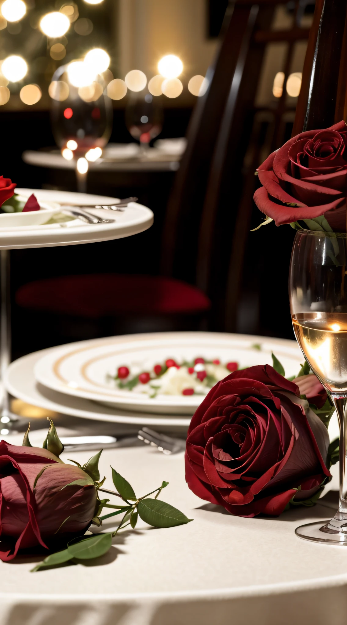 "European couple,Restaurant,graceful and dignified,Valentine's Day roses,Bright shades,Soft atmosphere,warm and comfortable,telephoto lenses,softlighting,GaN technology,unity engine,ultra HD16k。"